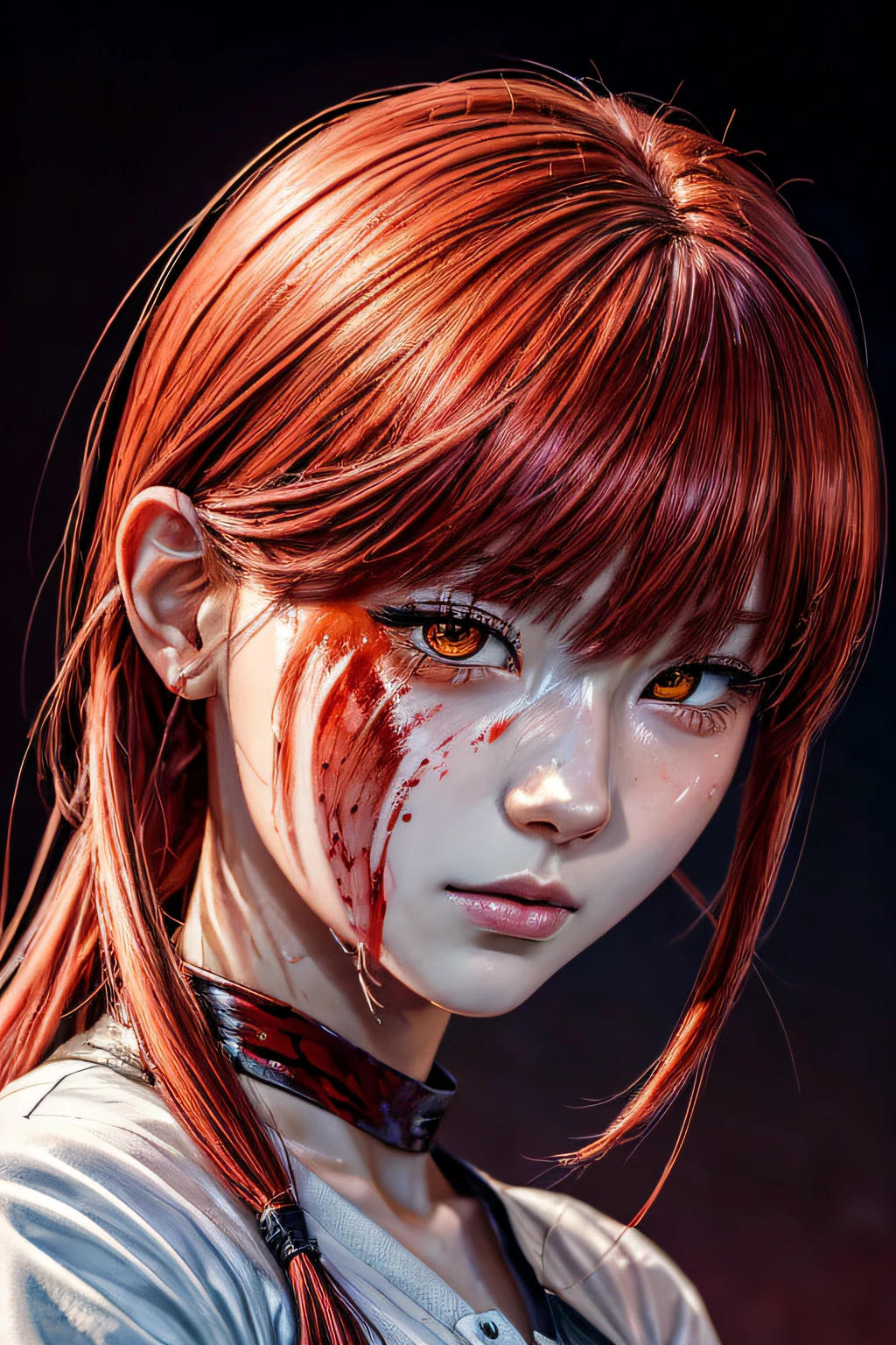 masterpiece, best quality, (extremely detailed CG unity 8k wallpaper, masterpiece, best quality, ultra-detailed, best shadow), (detailed background), (beautiful detailed face, beautiful detailed eyes), High contrast, (best illumination, an extremely delicate and beautiful),1girl,((colourful paint splashes on transparent background, dulux,)), ((caustic)), dynamic angle,beautiful detailed glow,full body, blood splash on face. close up of a woman, anime girl with red hair and a white shirt and tie, a character portrait by Yang J, pixiv, shin hanga, portrait of an anime girl, female anime character, portrait anime girl, portrait of asuka langley soryu, beautiful anime portrait, detailed portrait of anime girl, anime character, realistic anime artstyle, anime girl portrait, anime character portrait, blood on face, sweat face,