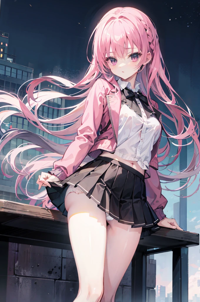 mitsukasa ayas,jaket,The shirt,black short skirt,Dark black stockings,gentleness,urban backdrop,the night,Long straight pink hair,Lift up your skirt yourself, White under underwear, Cute white panties,spread, Lingerie Camelto