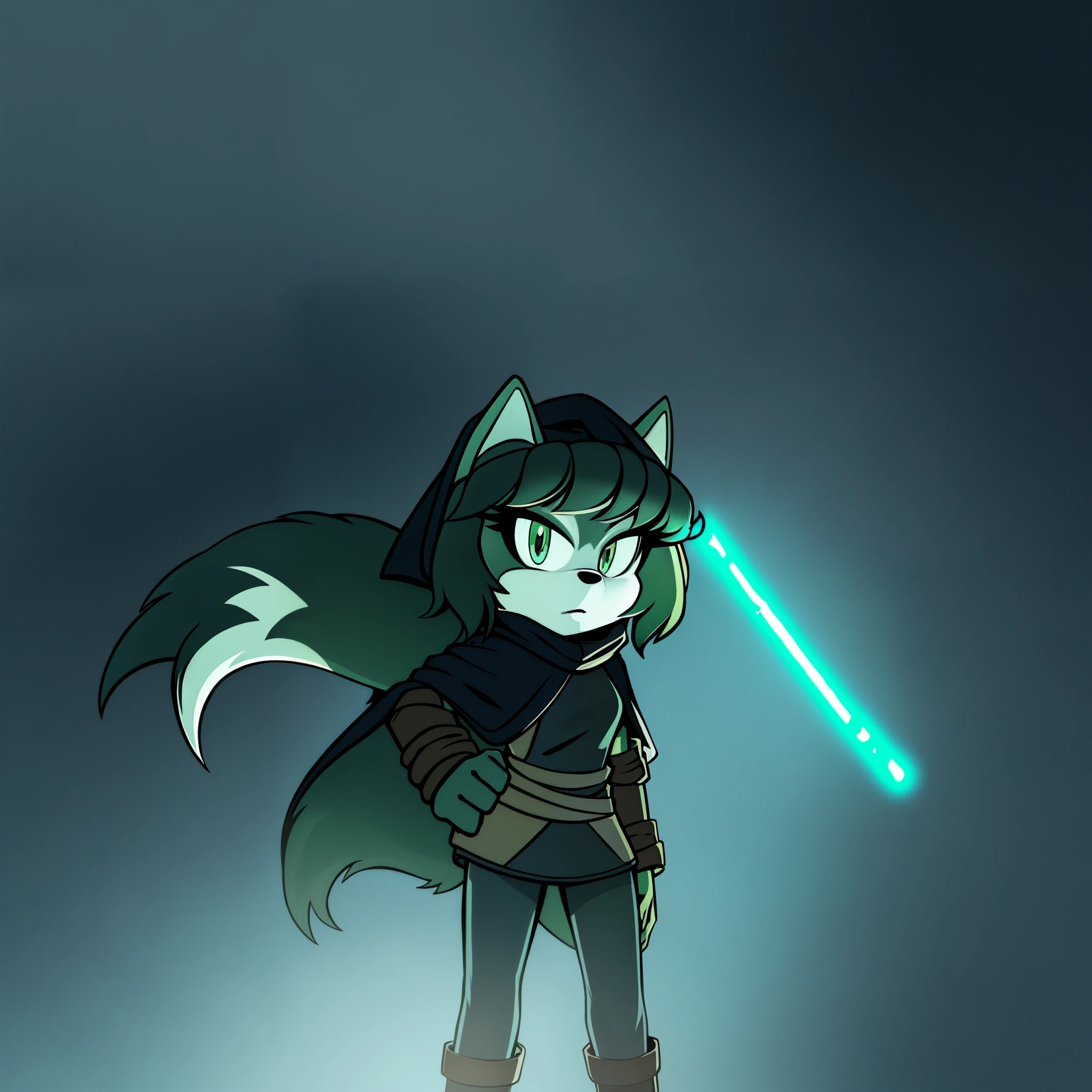 Female, mobian, wolf, 1girl, solo, looking at viewer, serious, black and green Jedi like attire, black hooded cape, futuristic city background, red fur, tan skin, long hair, yellow irises, black leggings, wolf tail, spiked up hair bangs, one hand on hip and one hand holding green lightsaber , (insanely detailed, masterpiece, best quality)