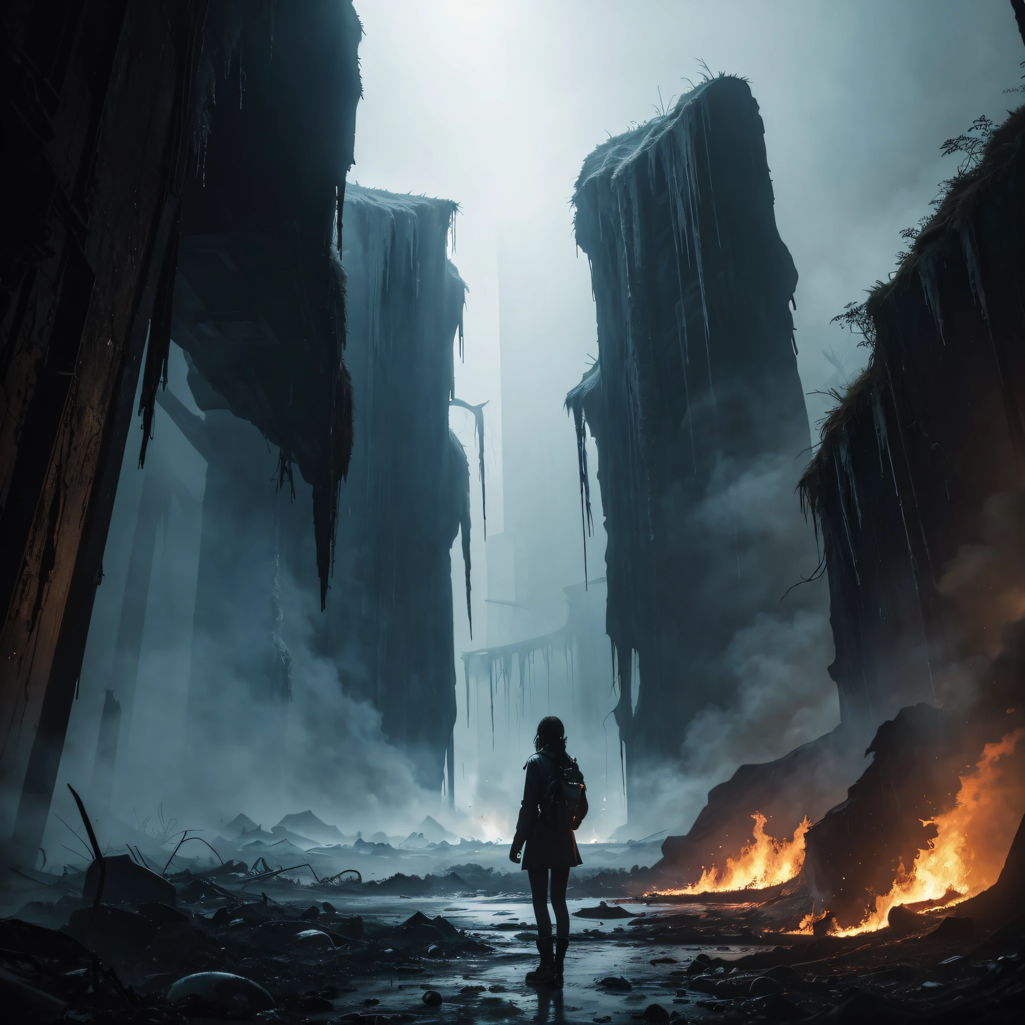 (Masterpiece), (Realistic), (best quality), Silhouette of a woman standing at a t-junction in a desolate jungle, To the left it's burning, to the right everything is frozen to ice, and straight ahead is a deep chasm, the atmosphere of the picture is serious.