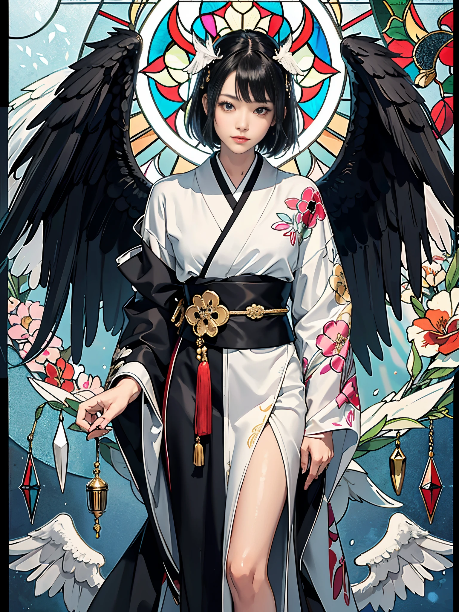 Background of details(Intricate stained glass),BREAK ,elaborate costume(Luxurious Japan kimono(Colorful kimono(detailed embroidery)(Black fallen angel-like wings grow))),BREAK,(1 Beautiful and classy adult woman(Shy smile:1.2)(Japanese actressl:1.2)(A dark-haired:1.2(short-hair:1.2))),(eye glass:1.2),(Standing in front of the stained glass and looking at me),BREAK,Wallpaper 16K,Blur the background,)(masutepiece,Best Quality,Portrait photos):1.5),full body Esbian