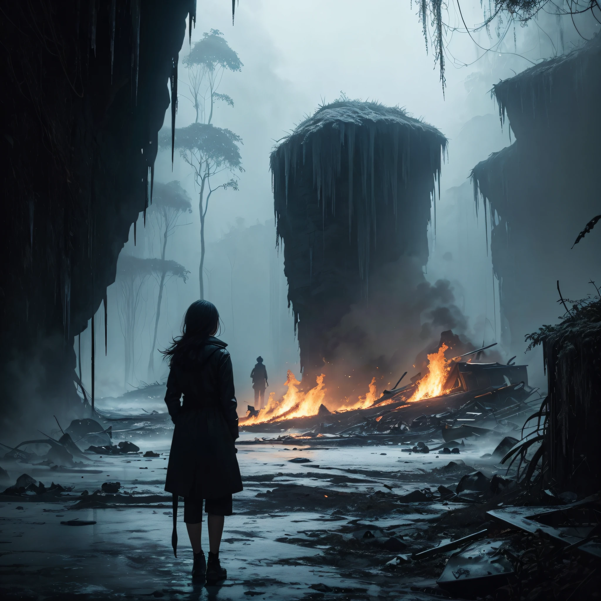 (Masterpiece), (Realistic), (best quality), Silhouette of a woman standing at a t-junction in a desolate jungle, To the left it's burning, to the right everything is frozen to ice, and straight ahead is a deep chasm, the atmosphere of the picture is serious.