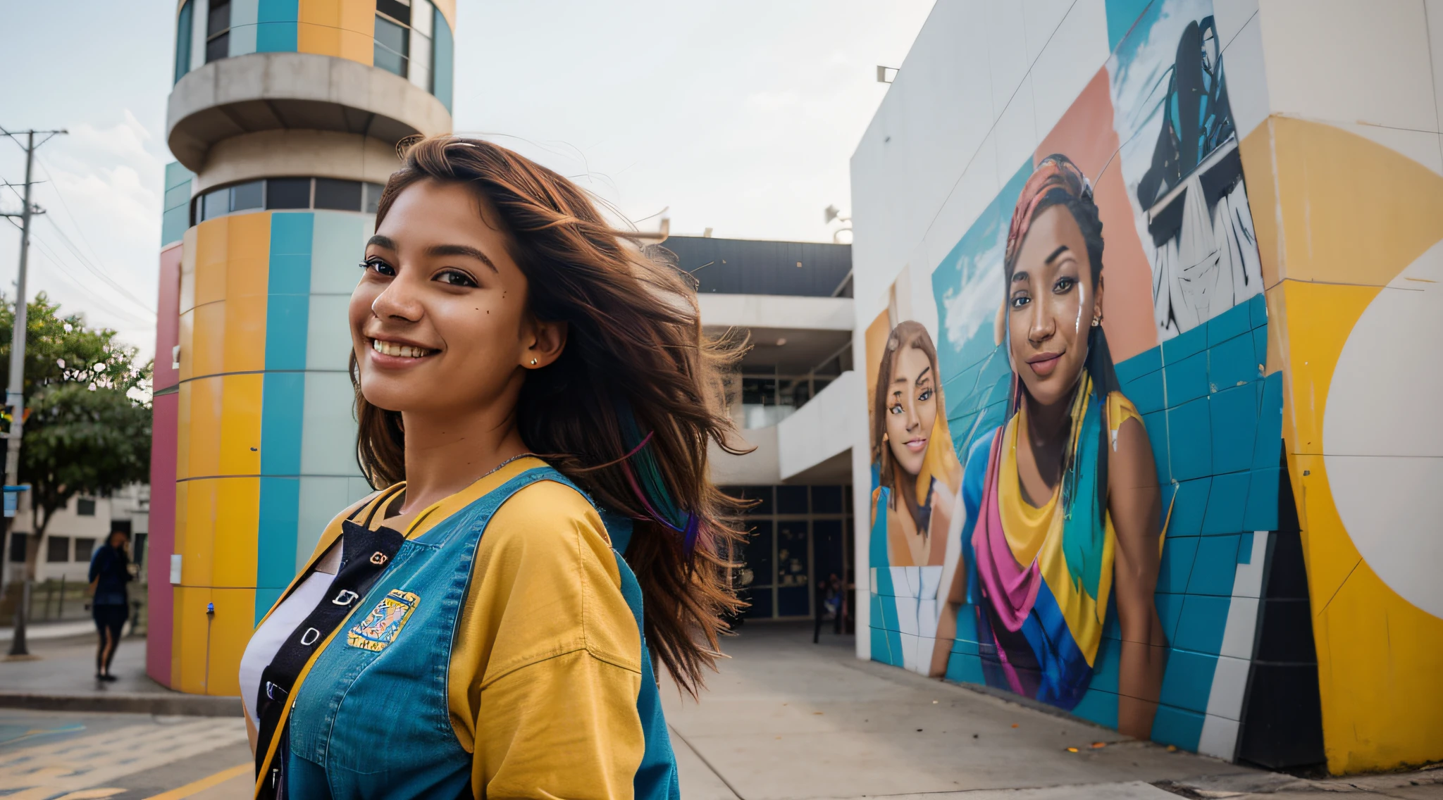 multicolored hair, crown, dashed eyes, smile, Hyperrealism, cinematic lighting, close-up, Ultra-Wide Angle, 135mm, Canon, best quality, high quality, super detail  20-year-old Brazilian student ambles through the bustling university campus. Dressed in lively attire, her carefree hair dances with the breeze. The details on her face showcase a mix of curiosity and focus. In the backdrop, murals of abstract and futuristic urban art contribute to the modern and inspiring ambiance. Engaged in conversations, she exudes a vibrant presence, navigating an academic environment that seamlessly fuses art, innovation, and learning.