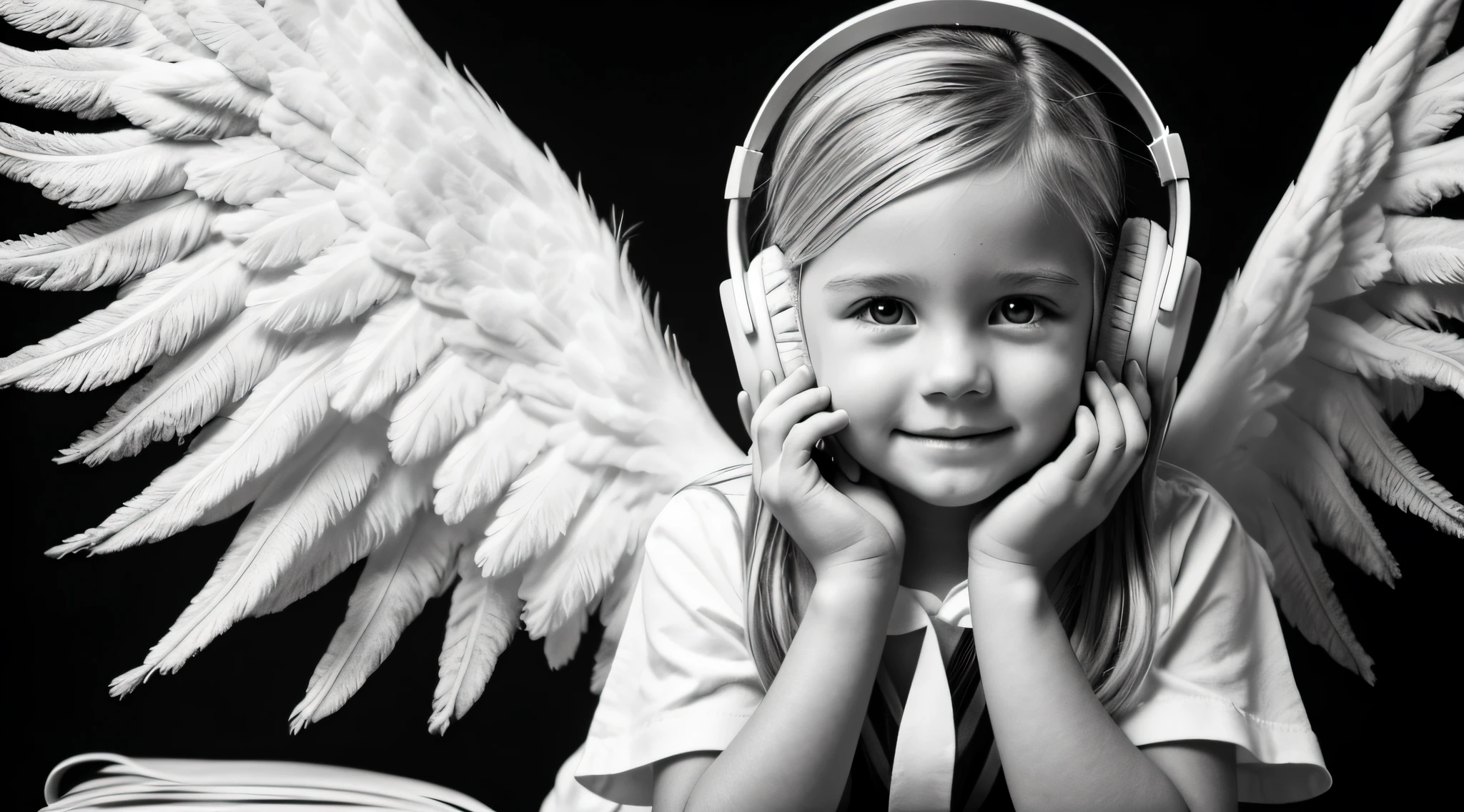 uma foto em black and white de uma CHILD blonde FIREHEAD with headphones, ANGEL'S WINGS, with hands on face.