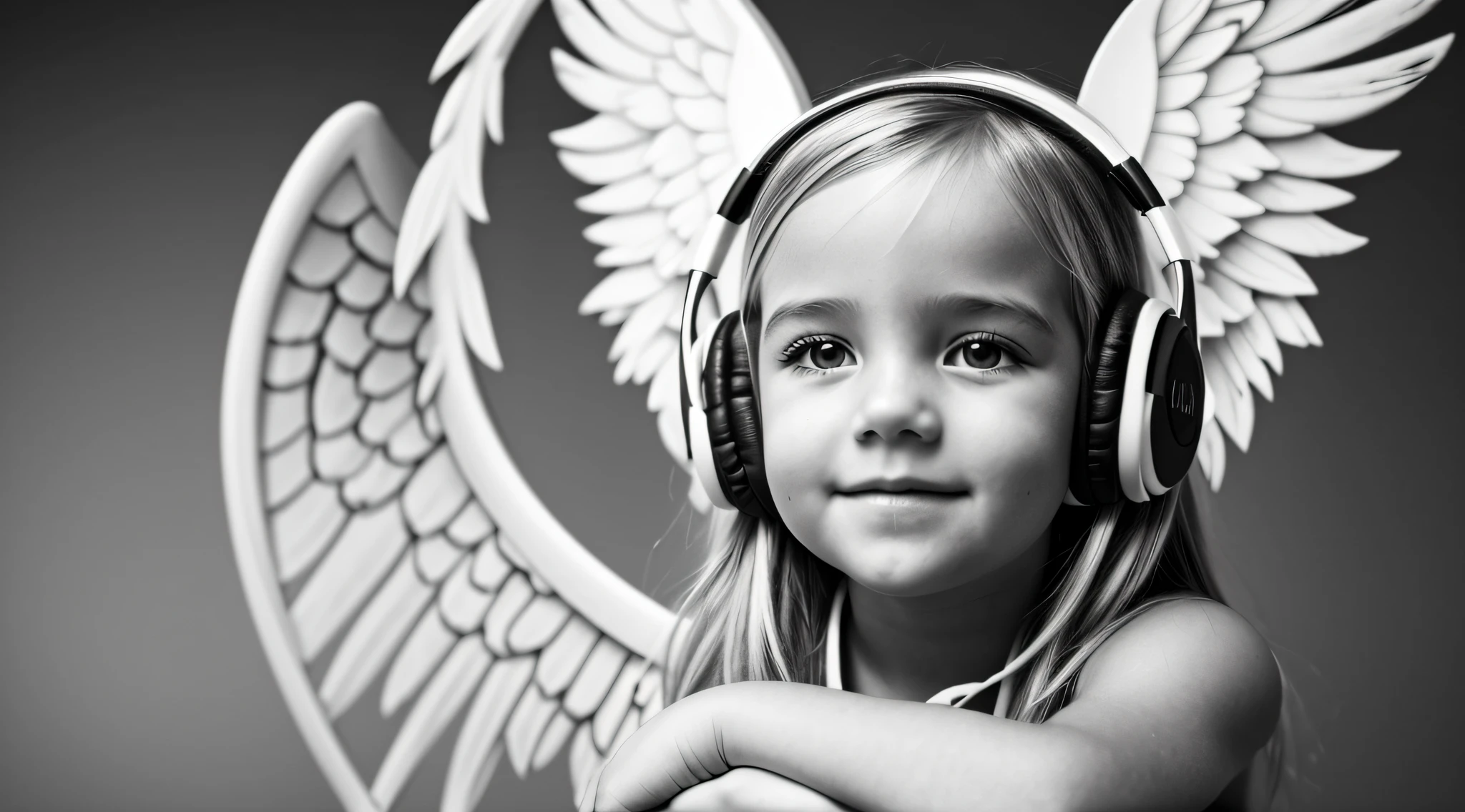 uma foto em black and white de uma CHILD blonde FIREHEAD with headphones, ANGEL'S WINGS, with hands on face.