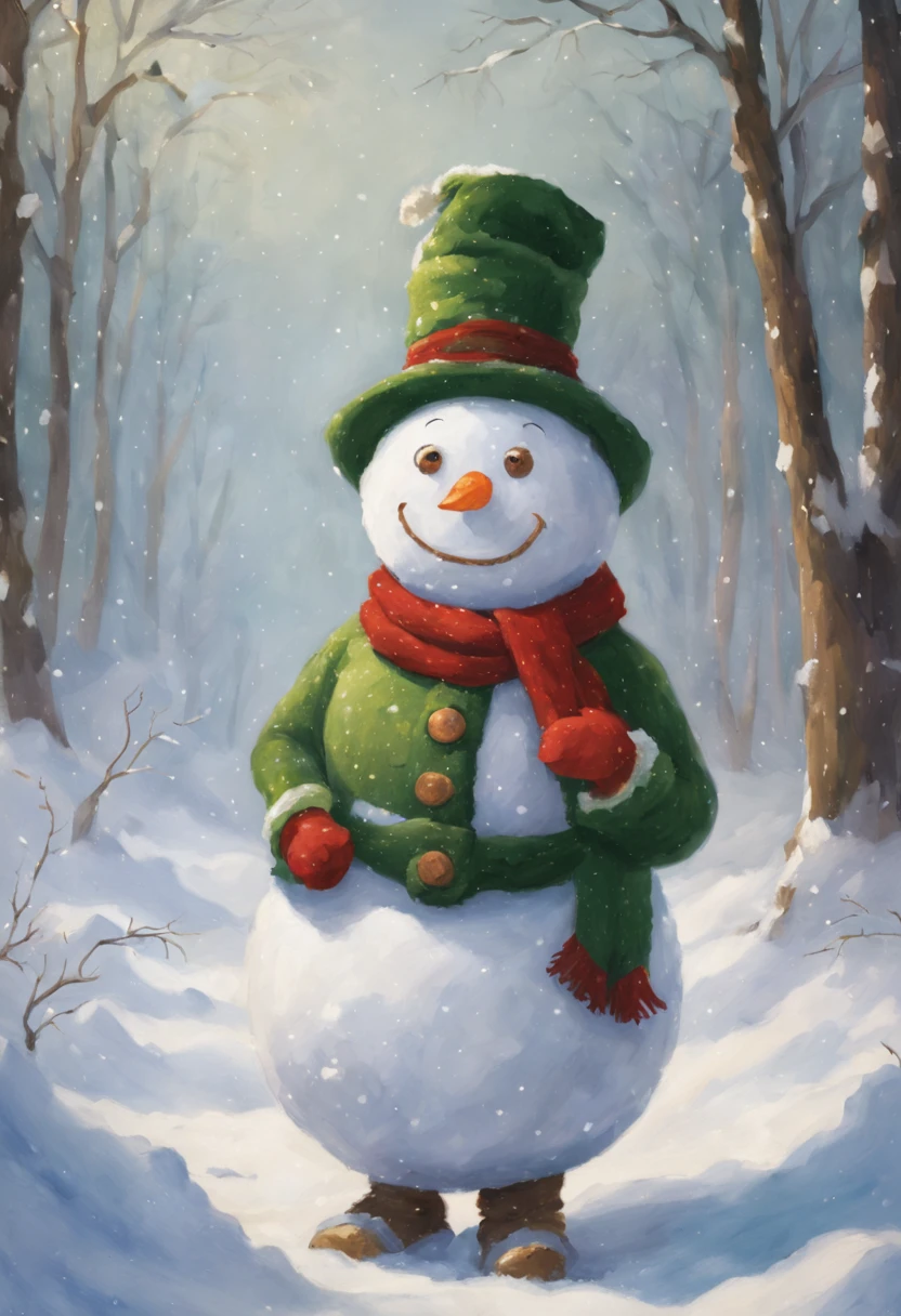 big man made of snow,body made of snow,round head,Snowman face,thick arms,thick legs,Gentle,barechested,Bare legged,green linen crochet hat,Green muffler,snowy background,masterpiece,Fantasia,Walking in the snow,Fancy,A landscape that looks like a picture book