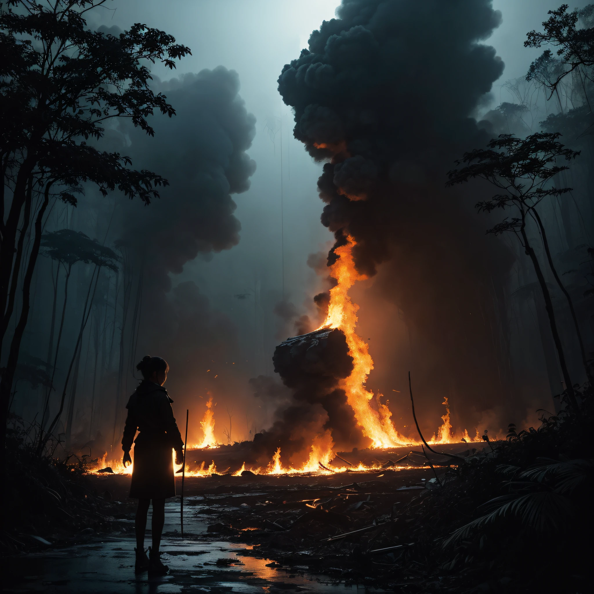 (Masterpiece), (Realistic), (best quality), Black Silhouette of a woman standing at a t-junction in a desolate jungle, To the left it's burning, to the right everything is frozen to ice, and straight ahead is a deep chasm, the mood of the picture is serious.