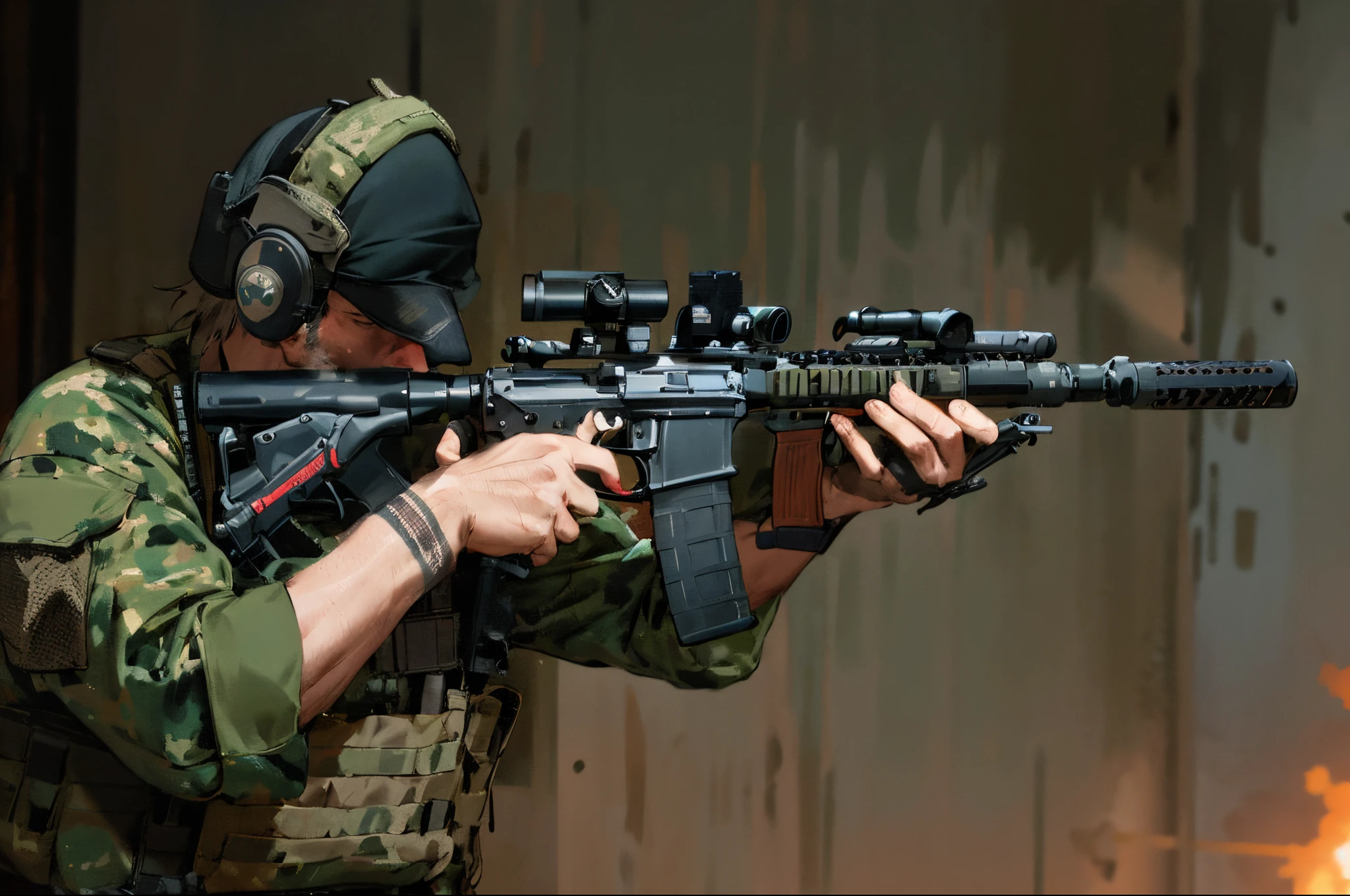 a man in a military uniform holding a rifle and aiming it, firearms photography, airsoft cqb, handling riffle on chest, military photography, combat photography, holding ar-15, holding rifle, holding rifle with suppressor, profile shot, holding pdw, holding a rifle, laser sights on weapons, with rifle, military weaponry, high quality action photography, action photography