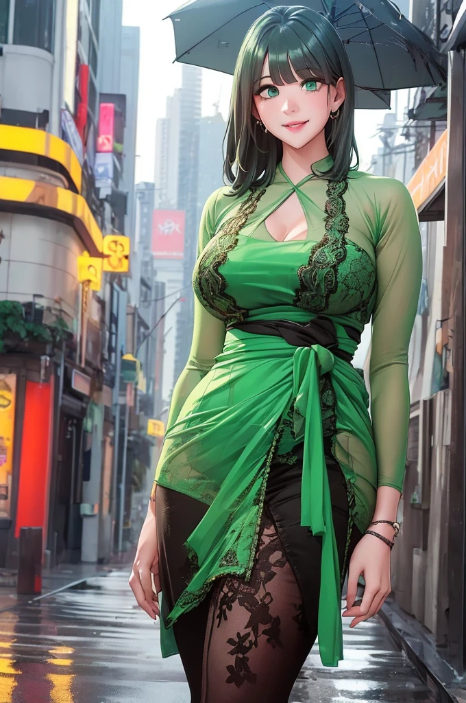 fw.yerin,green eyes,masterpiece,best quality,night view,rainy,cyberpunk city,wet clothes, kebaya_bali,green_kebaya_bali,large breasts,sweaty smile,show nipples ,transparent dress ,show armpits,get raped by 1 man