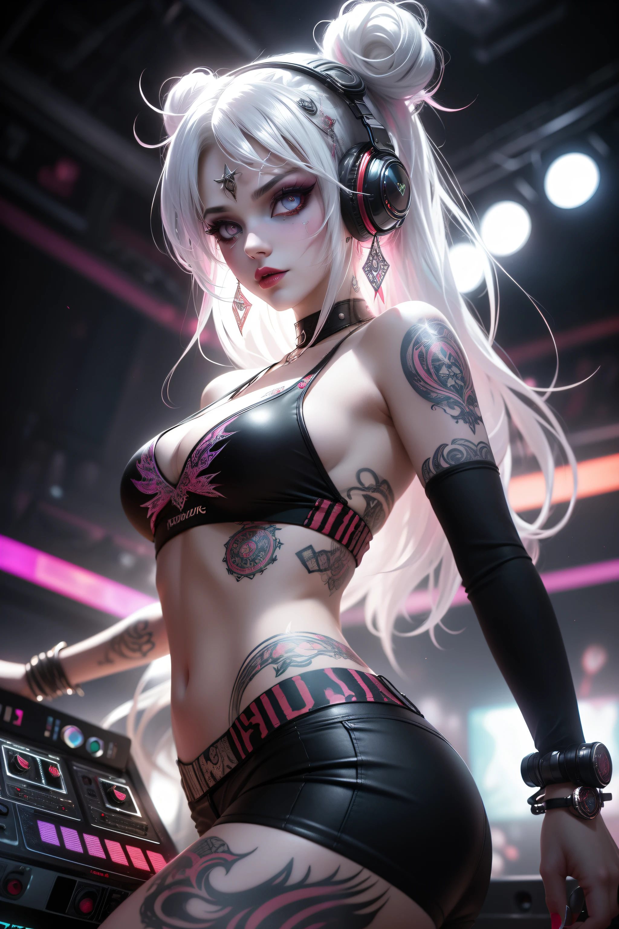 Upper body, Female DJ, Vampires,Wear a bikini,Tattooed with,Red eyes,White hair, Quirky, Vibrant appearance, Playful accessories, Bright colors,Creative behavior, Rambled, Sensual, Spontaneous, DJ headphones, Mixing Console, Music Clubs, night club, Independent cinema, People dancing on dance floor background, Underground danceclub, Highest quality, Skin texture, Intricate details, (Cinematic lighting), RAW photo, 8K,Psychedelic surrealist art,Surrealist psychedelic design,dream art style,Illusion psychedelic art, Colorful dark vectors,