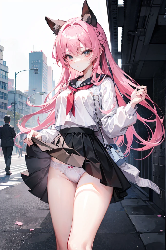Guang Ling,White sweatshirt,The shirt,black short skirt,Dark black stockings,gentleness,urban backdrop,natta,Long straight pink hair,Lift up your skirt yourself, White under underwear, Cute white panties,spread, Lingerie Camelto