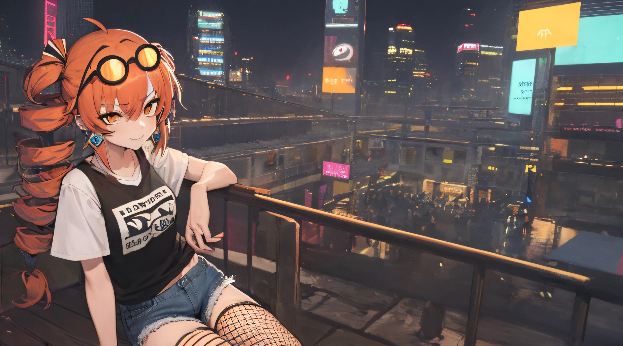 1girl, solo, yorigami jo'on, orange hair, drill hair, eyewear on head, orange eyes, earrings, looking at viewer, crowd, sigh, disgust, tired, makeup, morden city, mole under mouth, colored inner hair, blue streaked hair, white streaked hair, light smile, bar, night city, T-shirt, Denim shorts, fishnet stockings, stockings, neon lights, standing