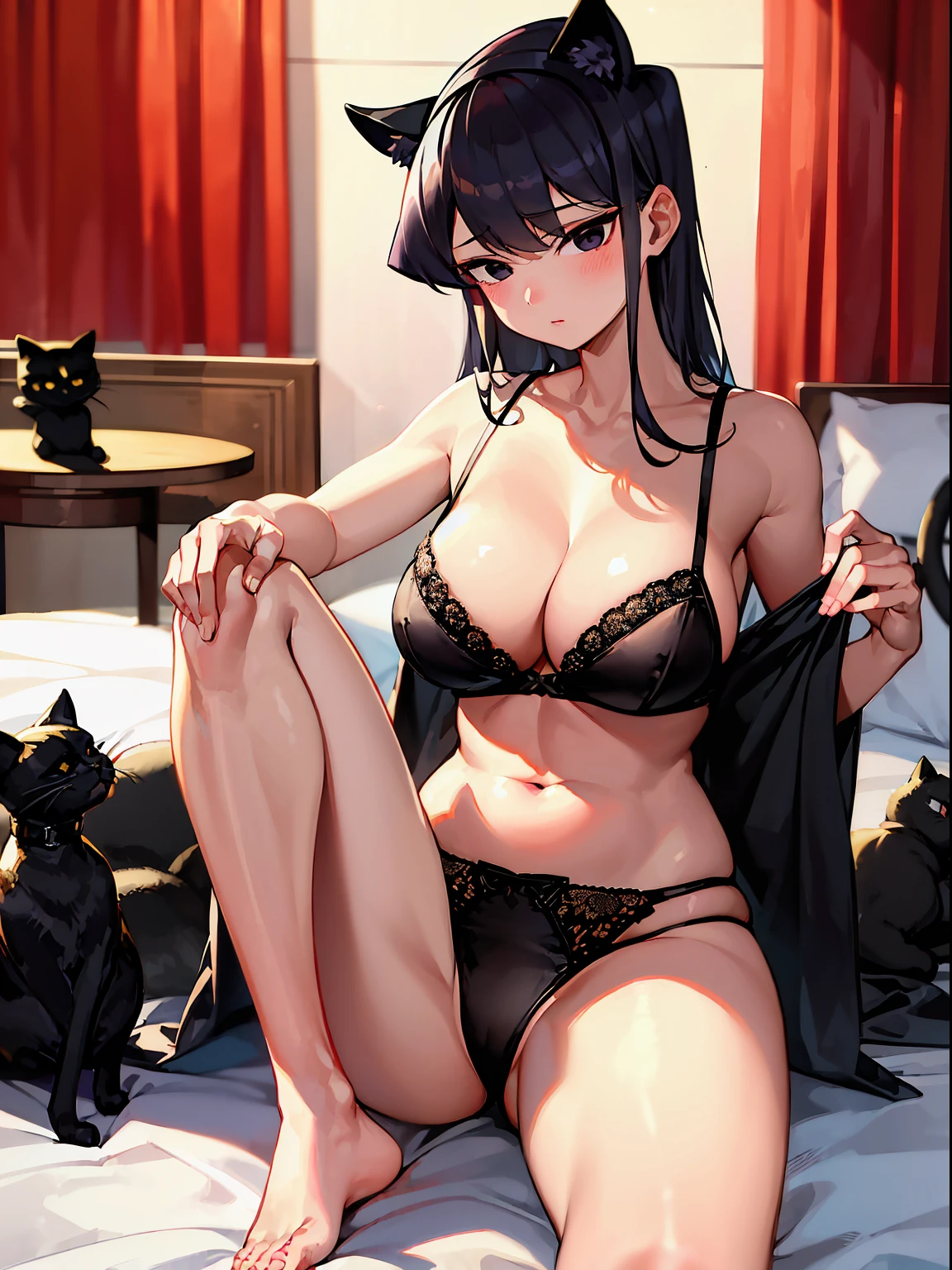 masterpiece, best quality, 1girl, solo, komi-san wa komyushou desu, komi shouko, large breasts, naked, wearing black lingerie, indoors, on a bed, posing seductively, looking away, shy, black cat ears, perfect hands, 5 fingers, feet in frame, foot focus, 5 toes