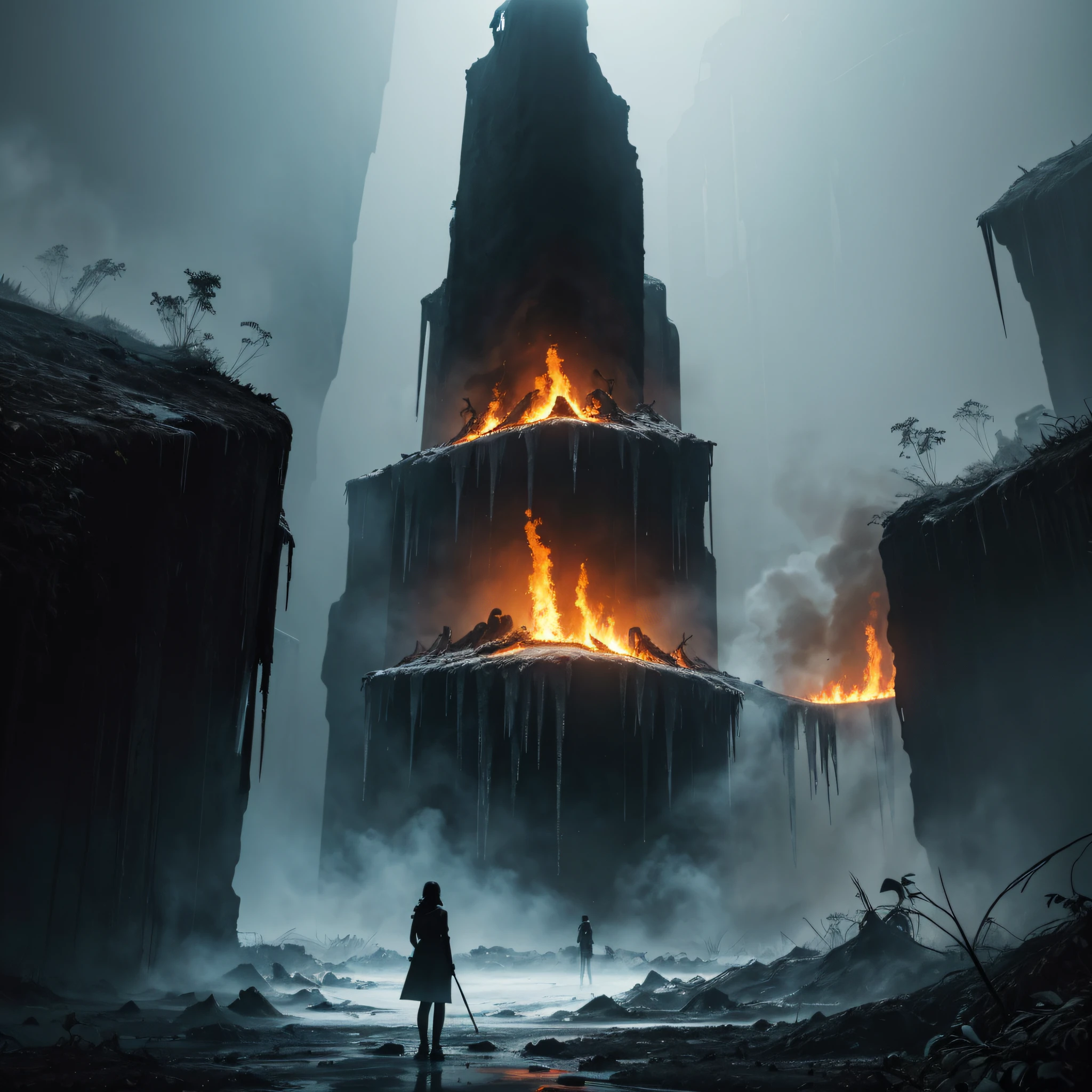 (Masterpiece), (Realistic), (best quality), Black Silhouette of a woman standing at a t-junction in a desolate jungle, To the left it's burning, to the right everything is frozen to ice, and straight ahead is a deep chasm, the atmosphere of the picture is serious.