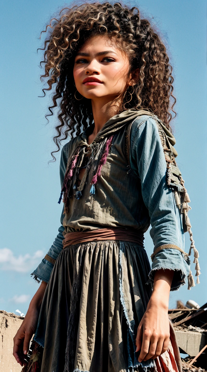 Generate a thought-provoking image of Zendaya embodying the theme "Destruction is Easy, Fixing is Hard, Saying Hope is Hard." Dress Zendaya in a realistic beggar's attire, considering the context and conveying the challenges posed by the phrases. Opt for earthy tones, incorporating a multi-tiered dress that reflects a worn and humble quality.
Choose fabrics that convey a sense of hardship, such as frayed edges or patches to emphasize the theme of destruction. Ensure the costume aligns with the scenario, portraying a nuanced depiction of struggle and resilience. Capture Zendaya's facial expression with a mix of determination, contemplation, and the difficulties of expressing hope.
Illuminate the scene with subtle yet impactful lighting to enhance the mood and bring attention to the details of the costume. Set the image against a backdrop that complements the theme, incorporating elements that signify both destruction and the potential for restoration.
The final result should be a comprehensive image that intricately weaves together the themes of destruction, fixing, and the complexity of expressing hope, with Zendaya authentically dressed in a realistic beggar's costume.