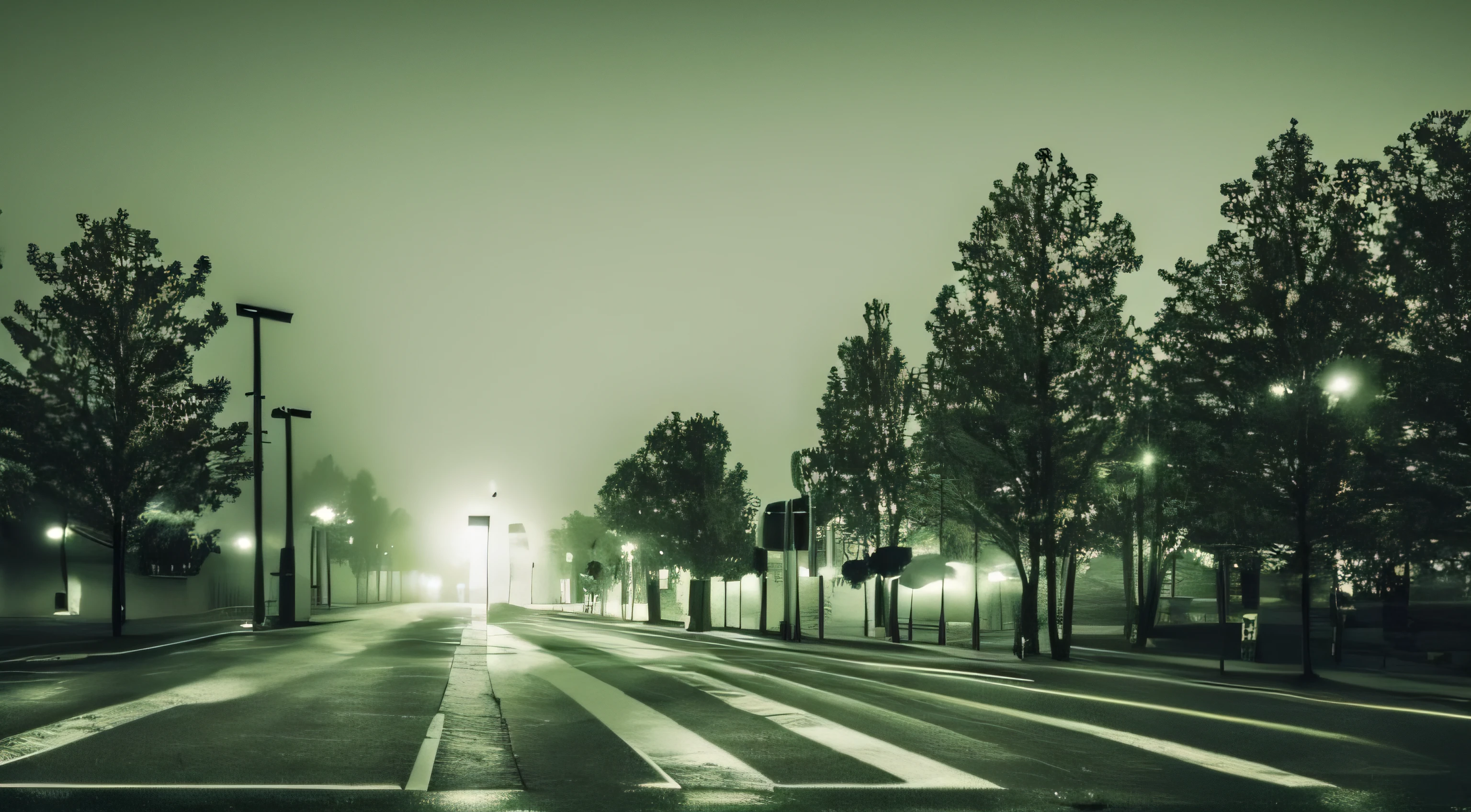 foggy urban dark ambience, night foggy image, 4k, green filter, overexposed photo,