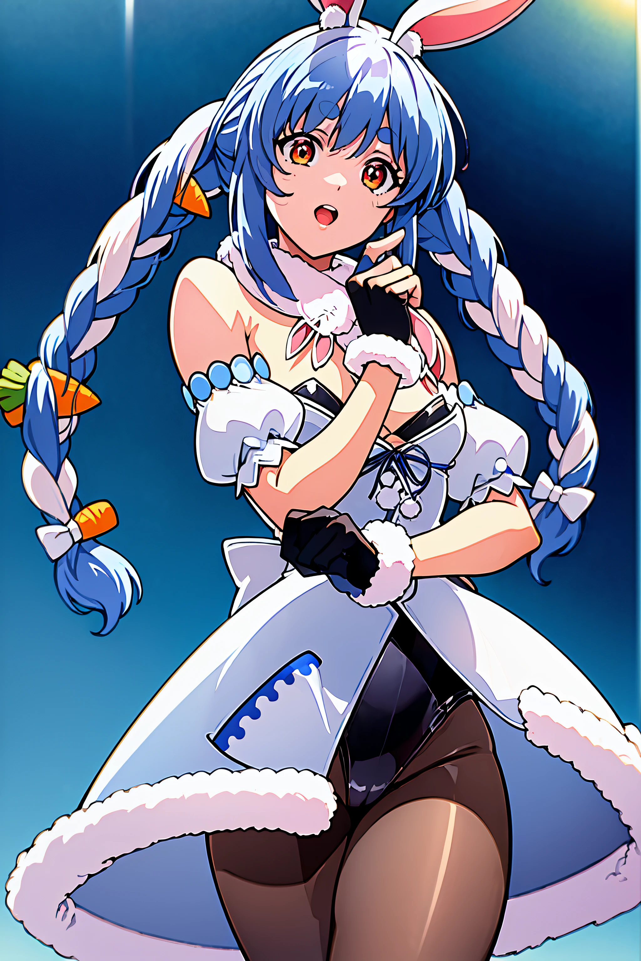 (top-quality:1.3), (masterpiece:1.4),(Anatomically correct), (Full limbs),(complete fingers),(Precise fingertips), (Fine details),(8K),Photorealista,(Super Detail),(90s Anime,9 0 s anime,9 0 s anime style,anime cels,cel shaded anime),(Pekora Usuda/hololive/:1.52),(figura: Usada Pekora), Twin braids,Blue hair,rabbitears,white dres,Black tights,Bunny Girl,