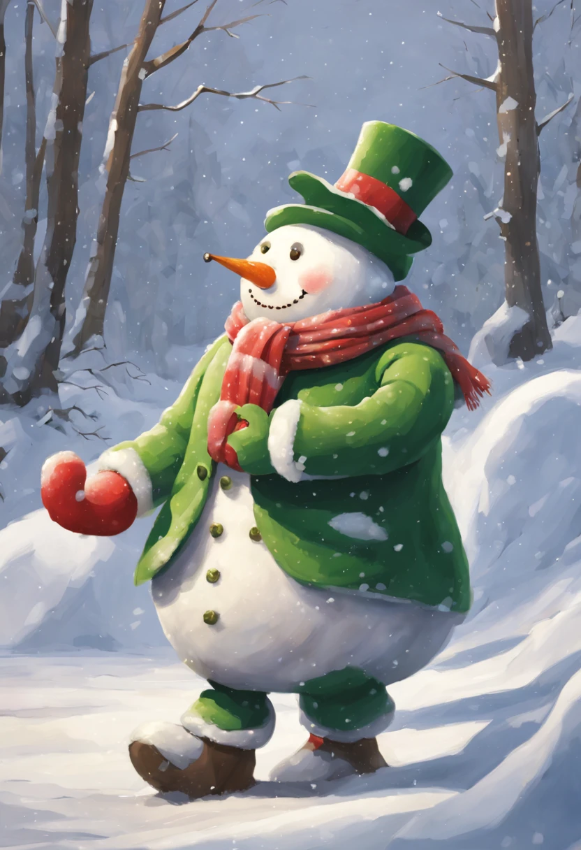 big man made of snow,body made of snow,round head,Snowman face,thick arms,thick legs,Gentle,barechested,Bare legged,green tulip hat,Green muffler,snowy background,masterpiece,Fantasia,Walking in the snow,Fancy,A landscape that looks like a picture book