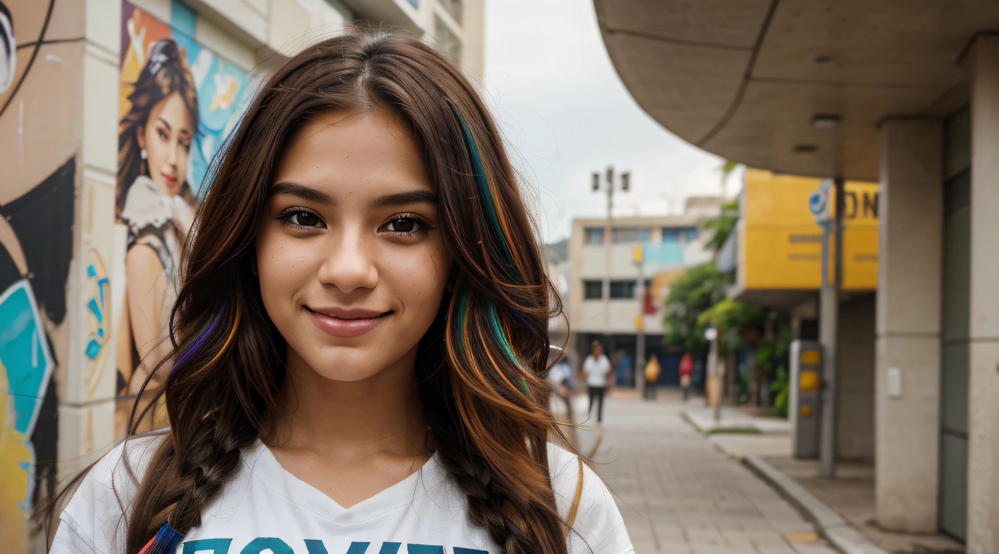 multicolored hair, crown, dashed eyes, smile, Hyperrealism, cinematic lighting, close-up, Ultra-Wide Angle, 135mm, Canon, best quality, high quality, super detail 20-year-old Brazilian student ambles through the bustling university campus. Dressed in lively attire, her carefree hair dances with the breeze. The details on her face showcase a mix of curiosity and focus. In the backdrop, murals of abstract and futuristic urban art contribute to the modern and inspiring ambiance. Engaged in conversations, she exudes a vibrant presence, navigating an academic environment that seamlessly fuses art, innovation, and learning.