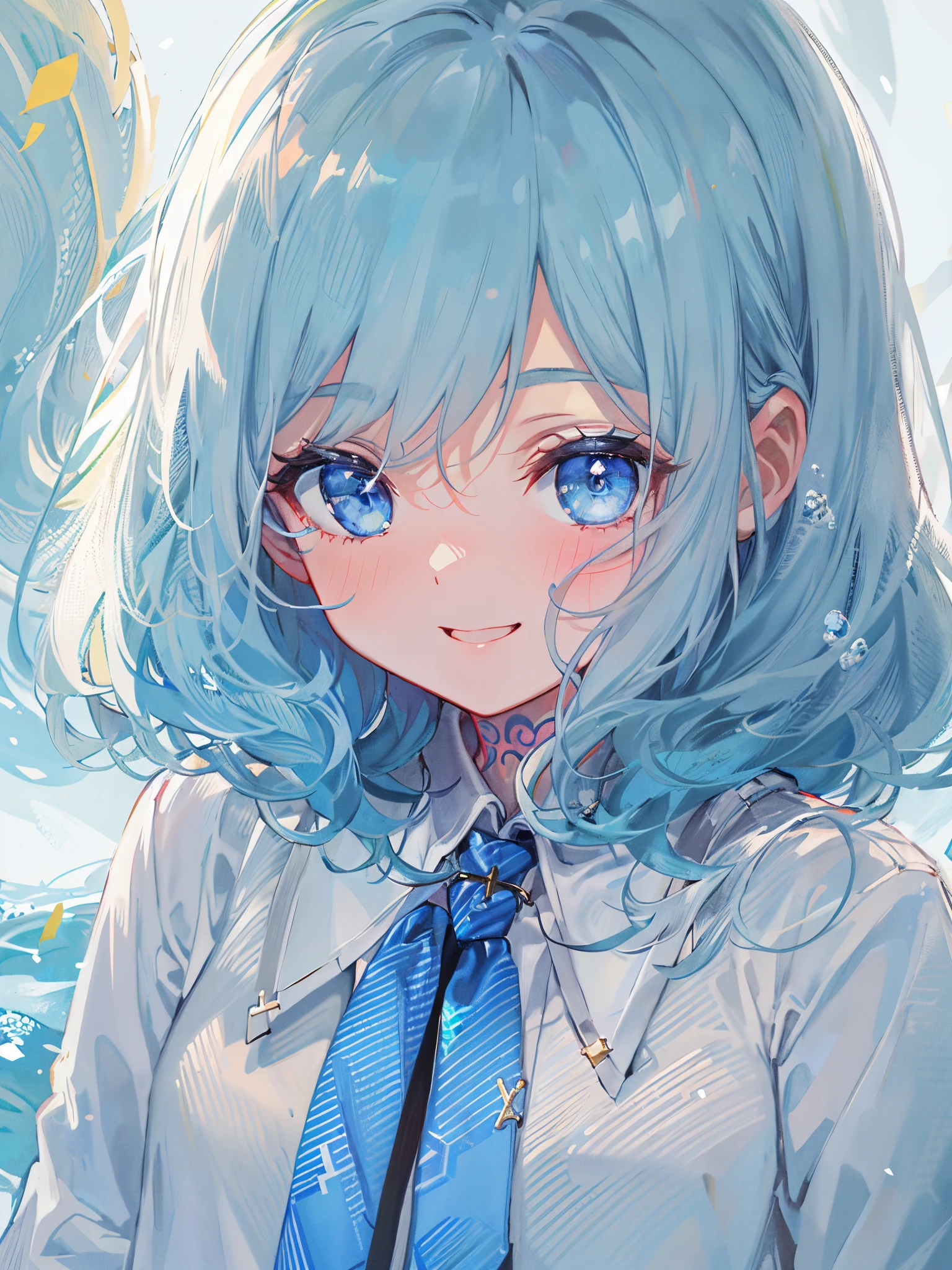 ((top-quality)), ((masterpiece)), ((ultra-detailliert)), (Extremely delicate and beautiful), girl with, 独奏, cold attitude,((Black jacket)),She is very(relax)with the(Settled down)Looks,A dark-haired, depth of fields,Evil smile,Bubble, under the water, Air bubble,bright light blue eyes,inner color with bright gray hair and light blue tips,,Cold background,Bob Hair - Linear Art, shortpants、knee high socks、White uniform like school uniform、Light blue ribbon ties、Clothes are sheer、Hands in pockets、Bright eyes like sapphire,Fronllesse Blue, A small blue light was floating、fantastic eyes,Jumping figure、splash water、White uniform like school uniform、Light blue ribbon ties、Clothes are sheer、Hands in pockets、Bright eyes like sapphire,Fronllesse Blue, A small blue light was floating、terror、blackstockings,Heavy makeup,Smoky makeup,eyeshadows,Self-shot,Turn to the viewer,ssmile,tattooed,Cross Necklace,the night,