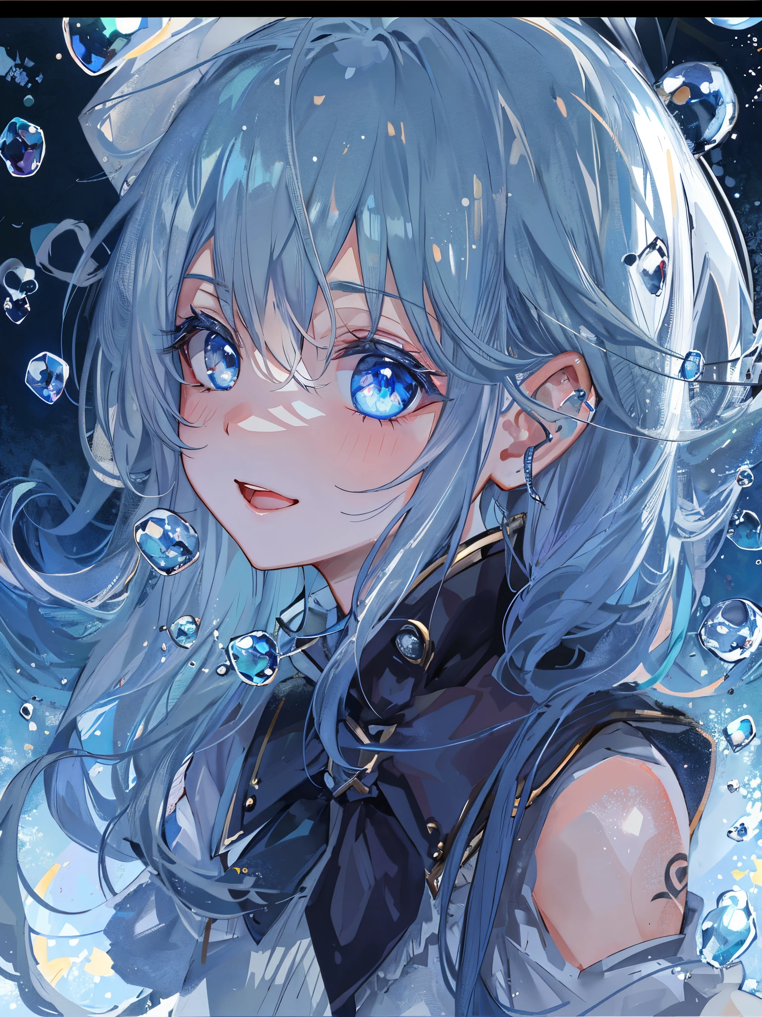 ((top-quality)), ((masterpiece)), ((ultra-detailliert)), (Extremely delicate and beautiful), girl with, 独奏, cold attitude,Fearful look、depth of fields,Evil smile,Bubble, under the water, Air bubble,bright light blue eyes,inner color with bright gray hair and light blue tips,,Cold background,bobhair、shortpants、knee high socks、White uniform like school uniform、Light blue ribbon ties、Clothes are sheer、Hands in pockets、Bright eyes like sapphire,Fronllesse Blue, A small blue light was floating、fantastic eyes,Jumping figure、terror、blackstockings,Heavy makeup,Smoky makeup,eyeshadows,Self-shot,Turn to the viewer,tattooed,
