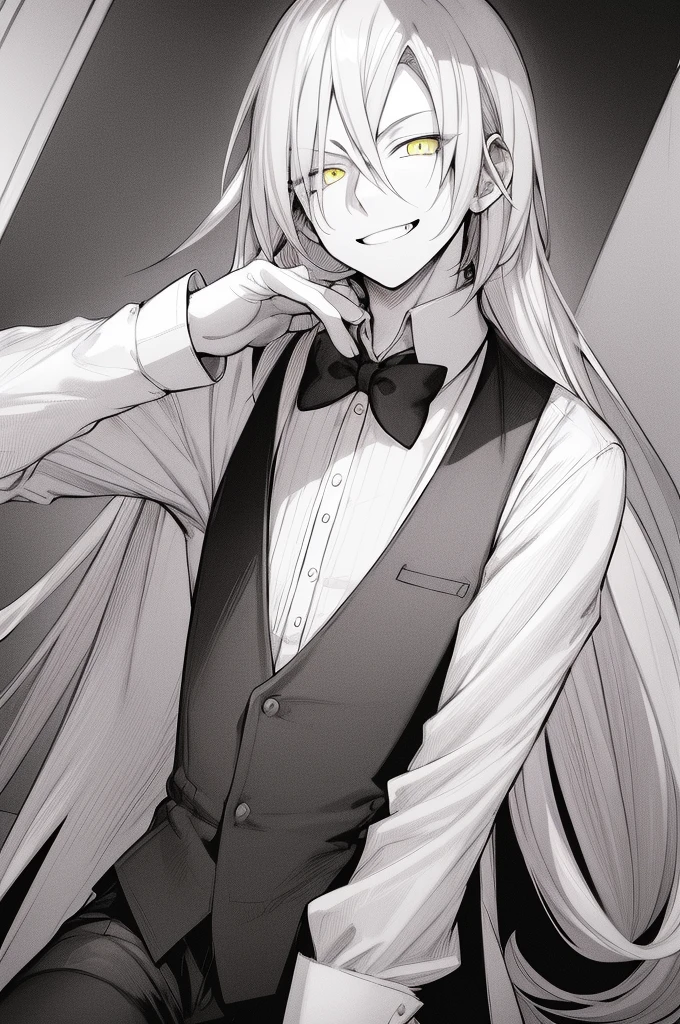 beste-Qualit, super detailed illustration, 1 boy, yellow eyes, sad old town, hiquality, the anime, arrogant look, Crazy smile, looking a viewer, grey long hair, in a white shirt with a gray vest on top, long lilac jacket, in shorts, hiquality, full length, Mysterious pose, (Monochrome:1.5)