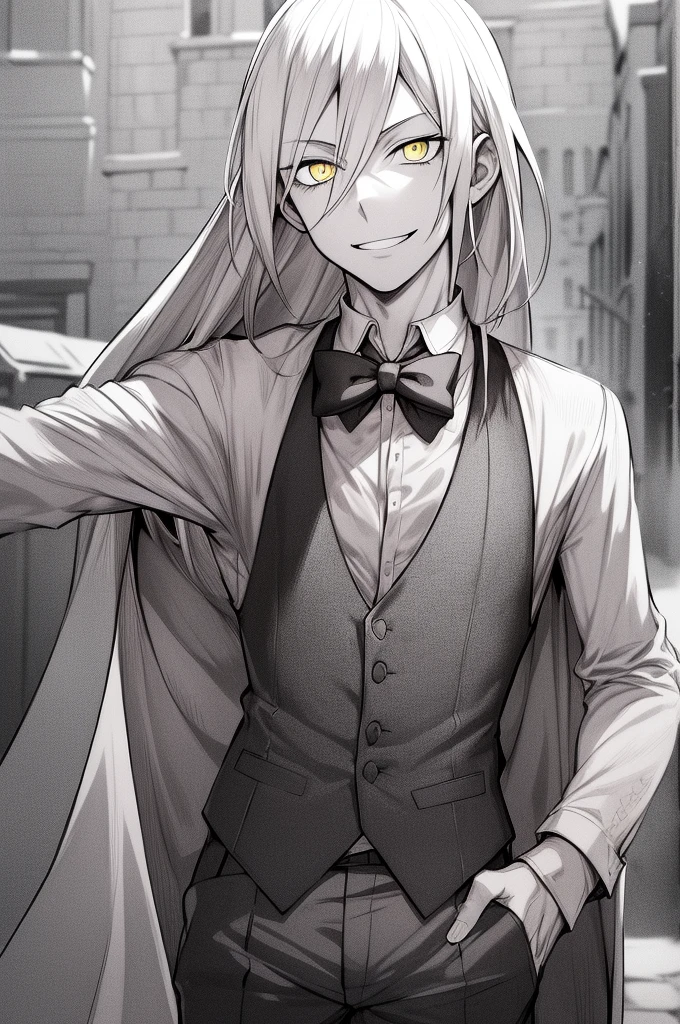 beste-Qualit, super detailed illustration, 1 boy, yellow eyes, sad old town, hiquality, the anime, arrogant look, Crazy smile, looking a viewer, grey long hair, in a white shirt with a gray vest on top, long lilac jacket, in shorts, hiquality, full length, Mysterious pose, (Monochrome:1.5)