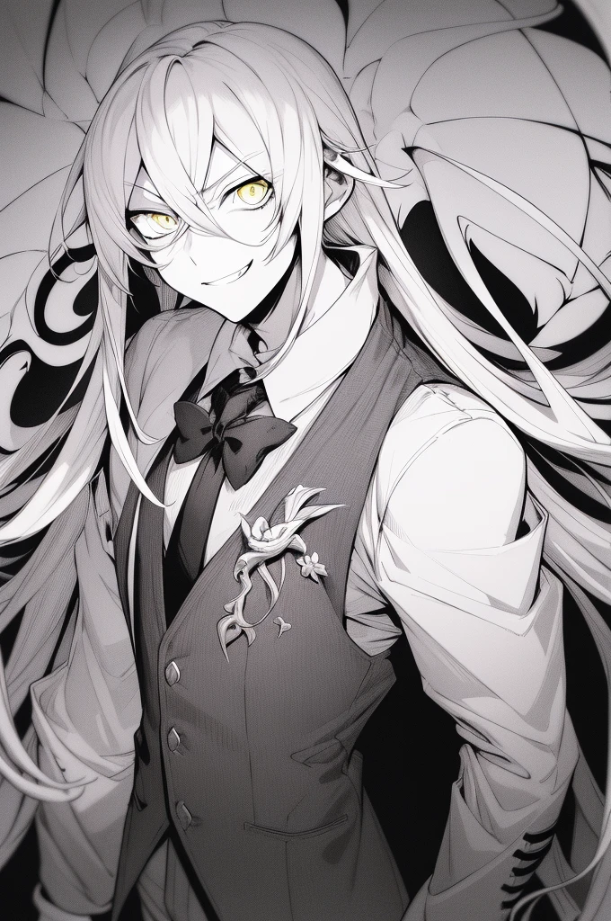 beste-Qualit, super detailed illustration, 1 boy, yellow eyes, sad old town, hiquality, the anime, arrogant look, Crazy smile, looking a viewer, grey long hair, in a white shirt with a gray vest on top, long lilac jacket, in shorts, hiquality, full length, Mysterious pose, (Monochrome:1.5)