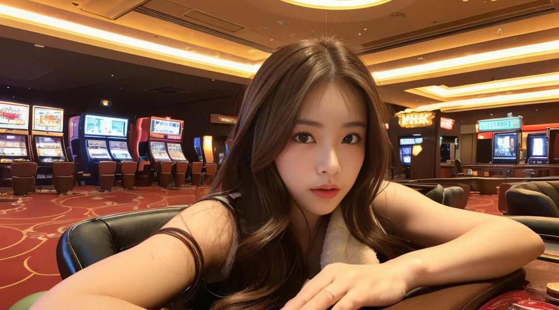 ((最高品質, 10, masterpiece: 1.3)), crisp focus: 1.2, Beautiful woman with perfect style: 1.4, Slender abs: 1.2, ((dark-brown hair, small: 1.2)), (natural light, city street: 1.1), Highly detailed face and skin texture, detailed eyes, 二重まぶた (Random background,In casinos,VIP casino room, Modern Casino Console, Modern Slot Machines )