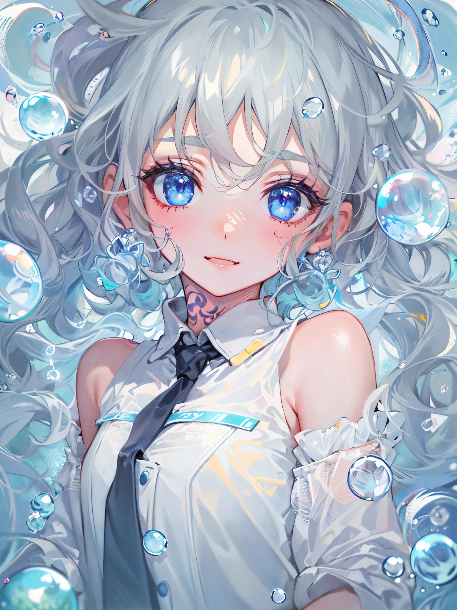 ((top-quality)), ((masterpiece)), ((ultra-detailliert)), (Extremely delicate and beautiful), girl with, 独奏, cold attitude,Fearful look、depth of fields,Evil smile,Bubble, under the water, Air bubble,bright light blue eyes,inner color with bright gray hair and light blue tips,,,,Cold background,bobhair、shortpants、knee high socks、White uniform like school uniform、Light blue ribbon ties、Clothes are sheer、Hands in pockets、Bright eyes like sapphire,Fronllesse Blue, A small blue light was floating、fantastic eyes,Jumping figure、terror、blackstockings,Heavy makeup,Smoky makeup,eyeshadows,Self-shot,Turn to the viewer,tattooed,