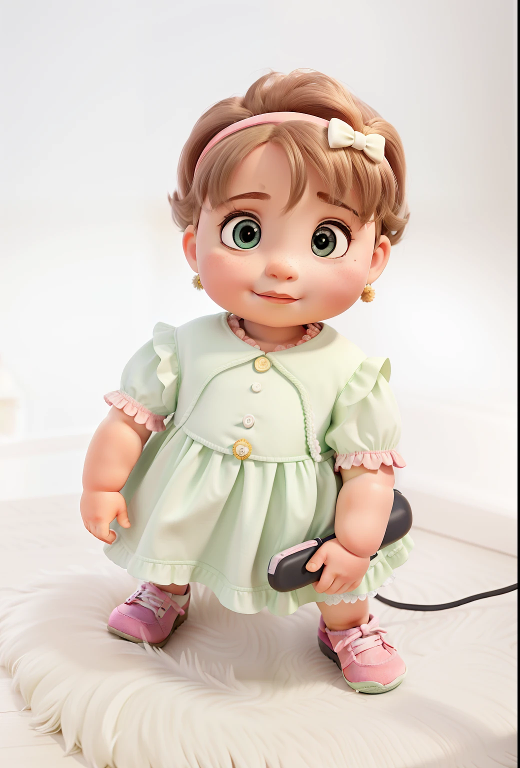 UMA BEBE RUIVA SORRINDO COM VESTIDO BRANCO NUM GRAMADO COM OLHOS PUXADINHOS ALTA QUALIDADE, MELHOR QUALIDADE
