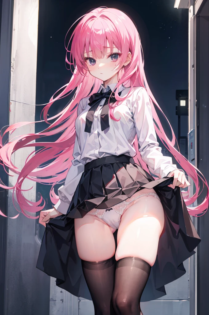 mitsukasa ayas，jaket，The shirt，black short skirt，Dark black stockings，gentleness，urban backdrop，the night，Long straight pink hair,Lift up your skirt yourself, White under underwear, Cute white panties,spread, Lingerie Camelto