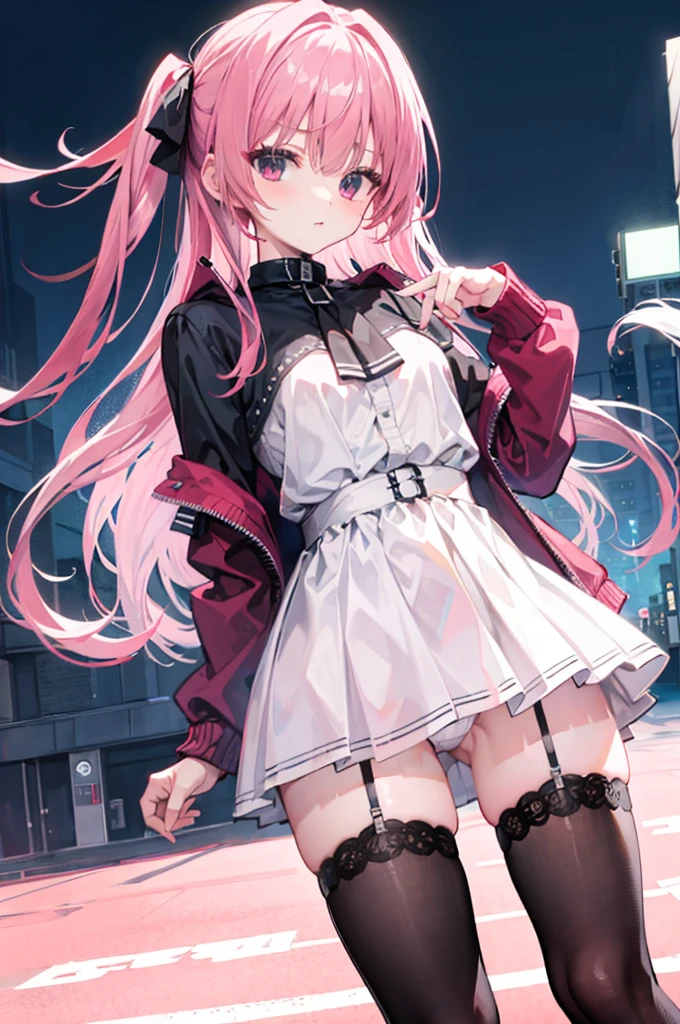 mitsukasa ayas,jaket,The shirt,black short skirt,Dark black stockings,gentleness,urban backdrop,the night,Long straight pink hair,Lift up your skirt yourself, White under underwear, Cute white panties,spread, Lingerie Camelto