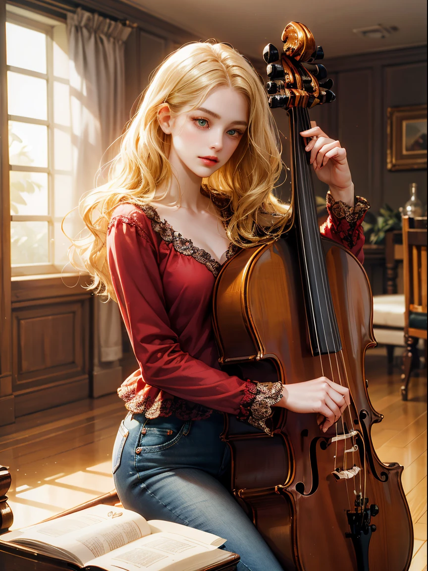 A girl, medium blonde hair, wavy hair, no bangs, green eyes, small breast. She wears a red shirt and jeans, beautiful girl, detailed eyes, detailed face, detailed hands, looking at the viewer.  she is sitting and she plays the cello. Full figure. Backgound indoor