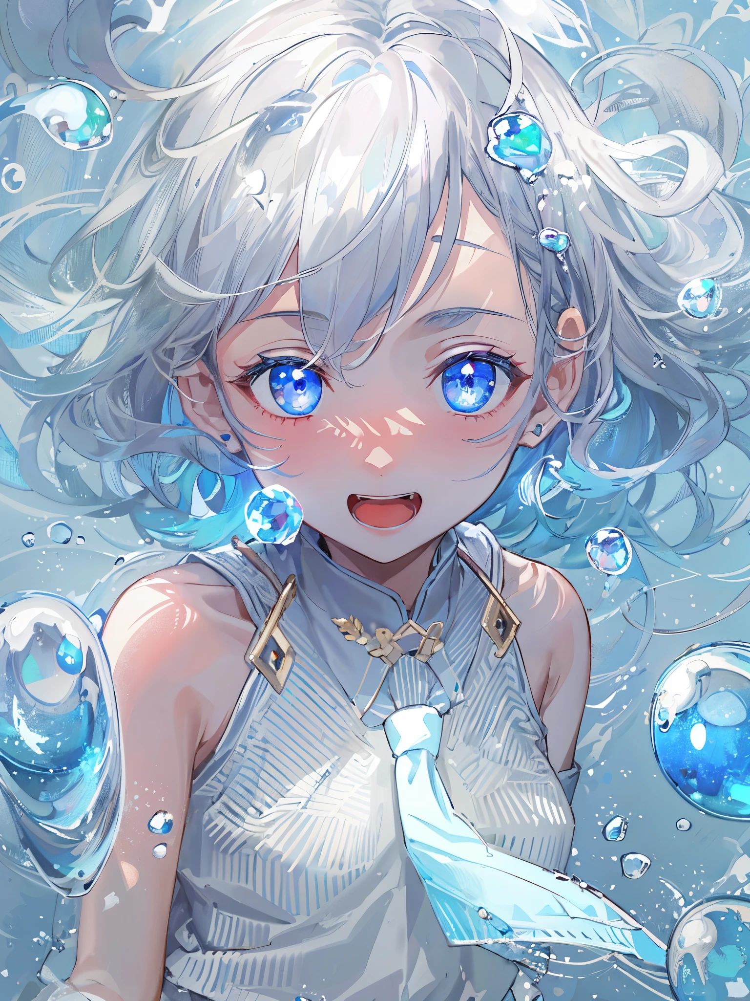 ((top-quality)), ((masterpiece)), ((ultra-detailliert)), (Extremely delicate and beautiful), girl with, 独奏, cold attitude,Fearful look、depth of fields,Evil smile,Bubble, under the water, Air bubble,bright light blue eyes,inner color with bright gray hair and light blue tips,,,,,,Cold background,bobhair、shortpants、knee high socks、White uniform like school uniform、Light blue ribbon ties、Clothes are sheer、Hands in pockets、Bright eyes like sapphire,Fronllesse Blue, A small blue light was floating、fantastic eyes,Jumping figure、terror、terrified expression、blackstockings,The tattoo,