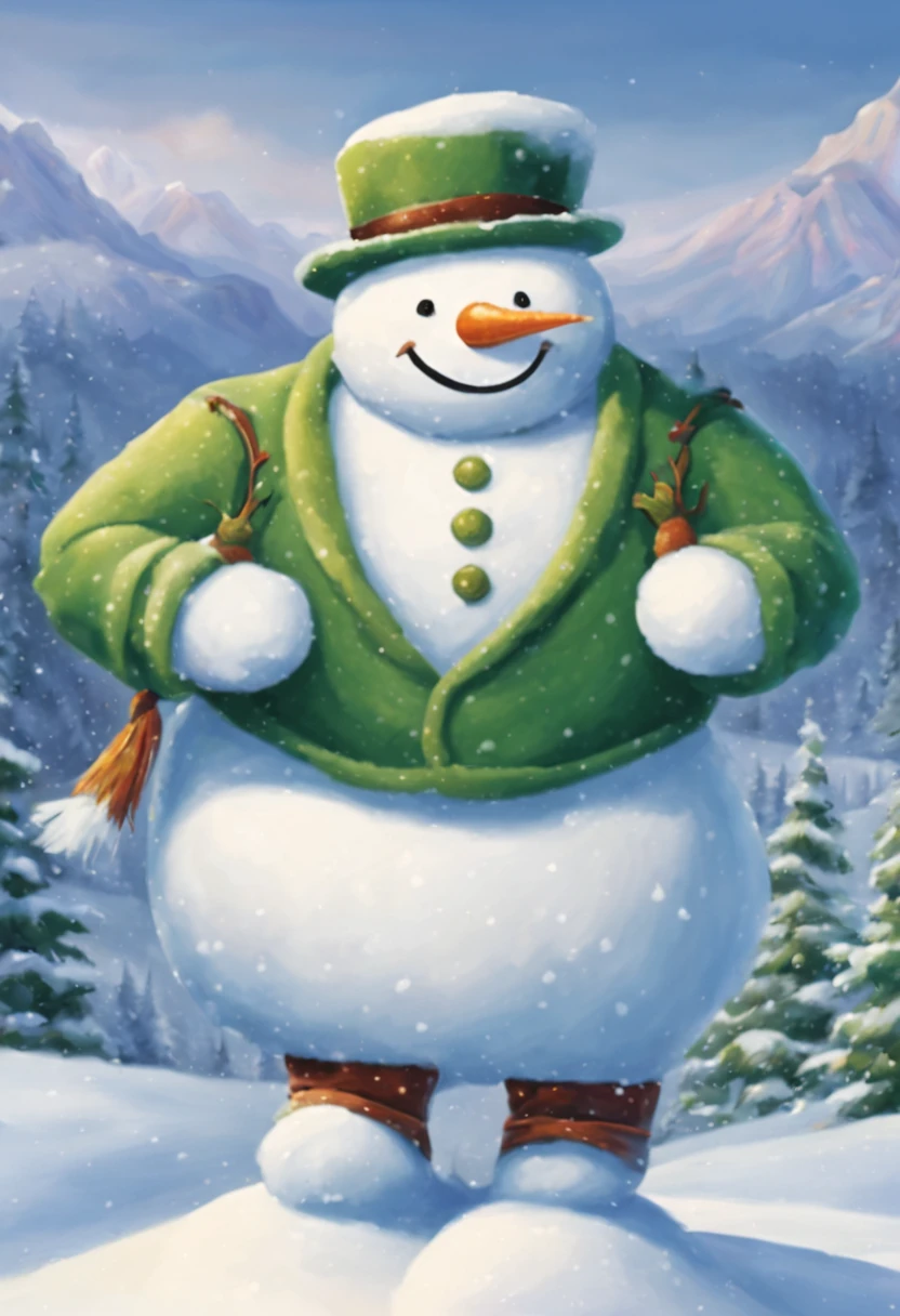 big man made of snow,body made of snow,round head,Snowman face,thick arms,thick legs,Gentle,barechested,Bare legged,Green hat,Green muffler,snowy background,​masterpiece,Fantasia,Walking in the snow,Fancy,(A landscape that looks like a picture book)