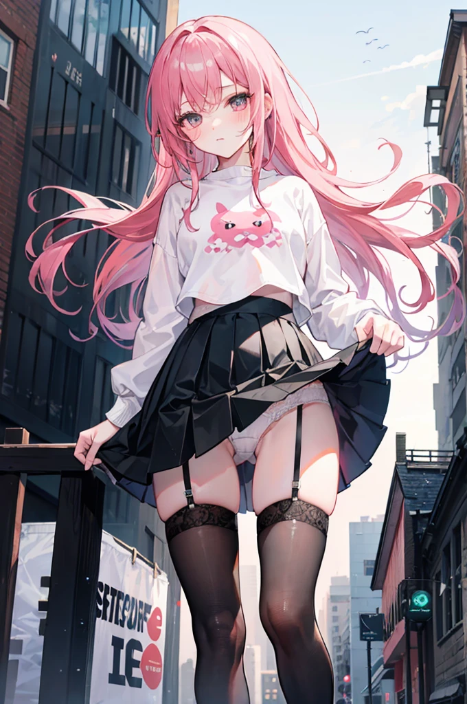 White sweatshirt,The shirt,black short skirt,Dark black stockings,gentleness,urban backdrop,natta,Long straight pink hair,Lift up your skirt yourself, White under underwear, Cute white panties,spread, Lingerie Camelto