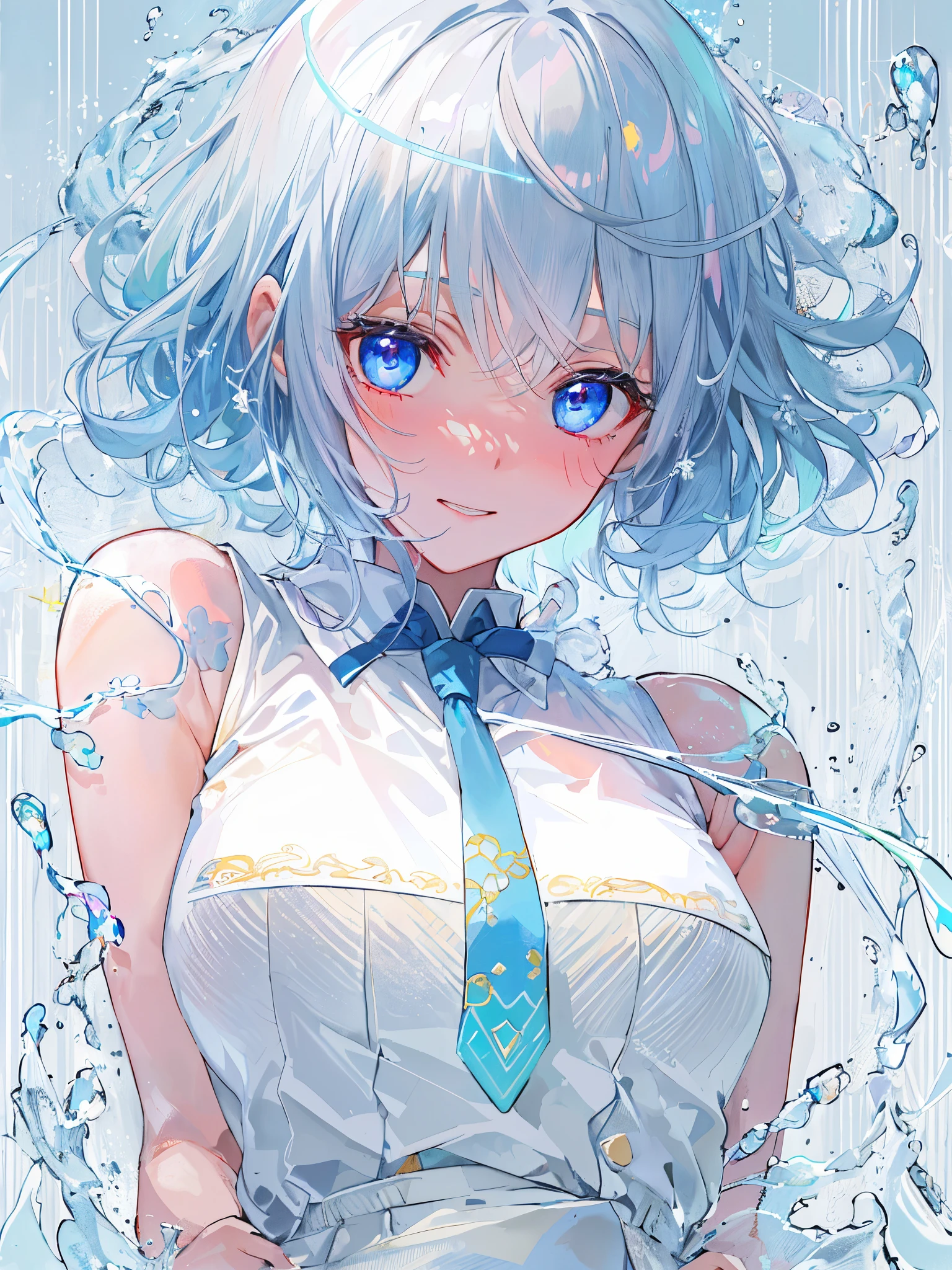((top-quality)), ((​masterpiece)), ((ultra-detailliert)), (Extremely delicate and beautiful), girl with, 独奏, cold attitude,Fearful look、depth of fields,Evil smile,Bubble, under the water, Air bubble,bright light blue eyes,inner color with bright gray hair and light blue tips,,,,,Cold background,bobhair、shortpants、knee high socks、White uniform like school uniform、Light blue ribbon ties、Clothes are sheer、Hands in pockets、Bright eyes like sapphire,Fronllesse Blue, A small blue light was floating、fantastic eyes,Jumping figure、terror、terrified expression、blackstockings，abstract pattern tattoo，