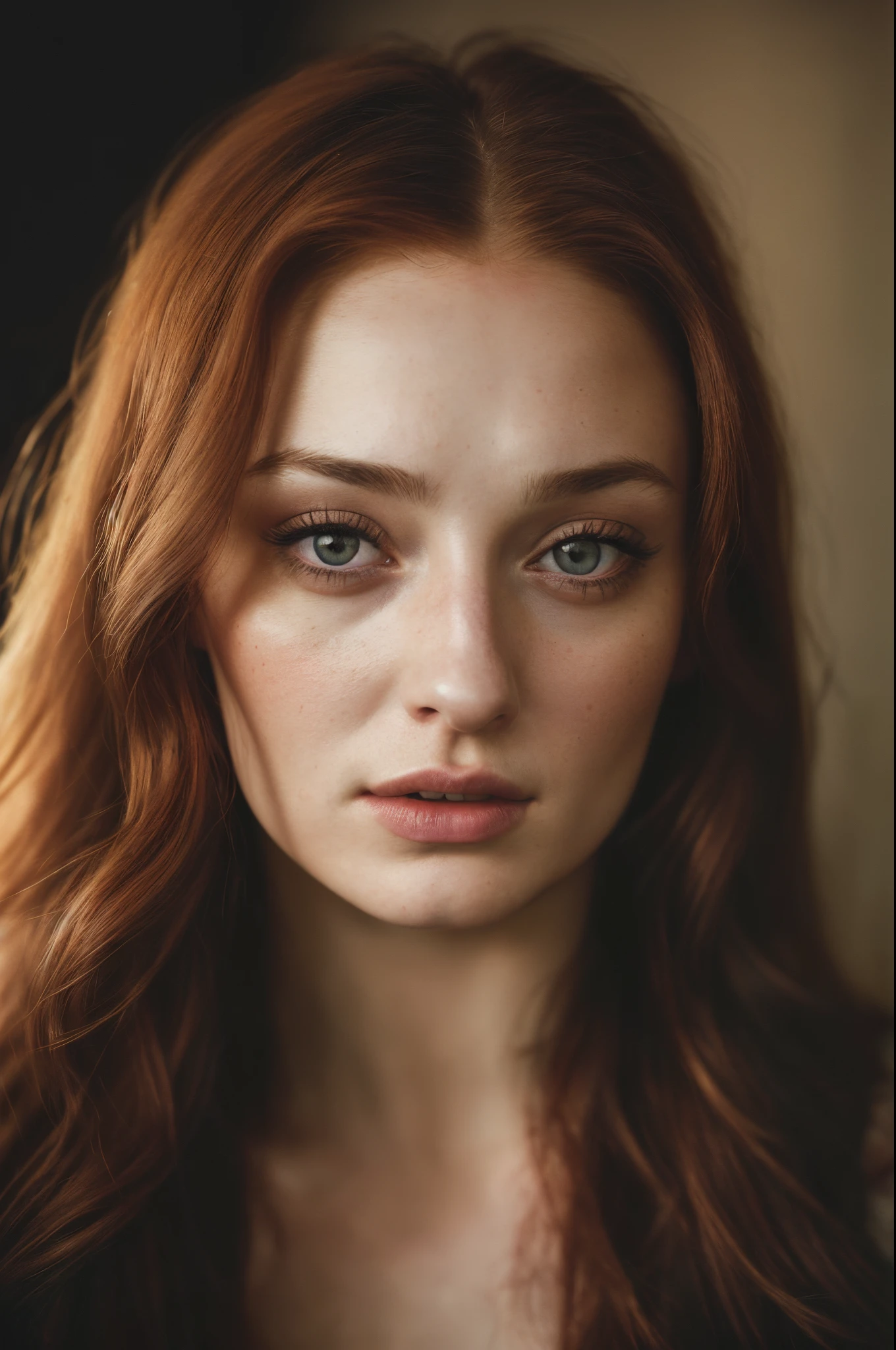 (Close-up, editorial photography of a 35 year old woman), Face of Sophie Turner, as Sansa Stark, The Most beautiful lady in the earth, (Highly detailed face:1.4) (smiling:0.7) (background in dark, Moody, private study:1.3) Pov, Directed by: Lee Jeffries, Nikon D850 | , film stock photography , 4 Kodak Portra 400 , camera f1.6 lenses , rich colors , hyper realistic , realistic texture, dramatic lighting , cinestill 800,