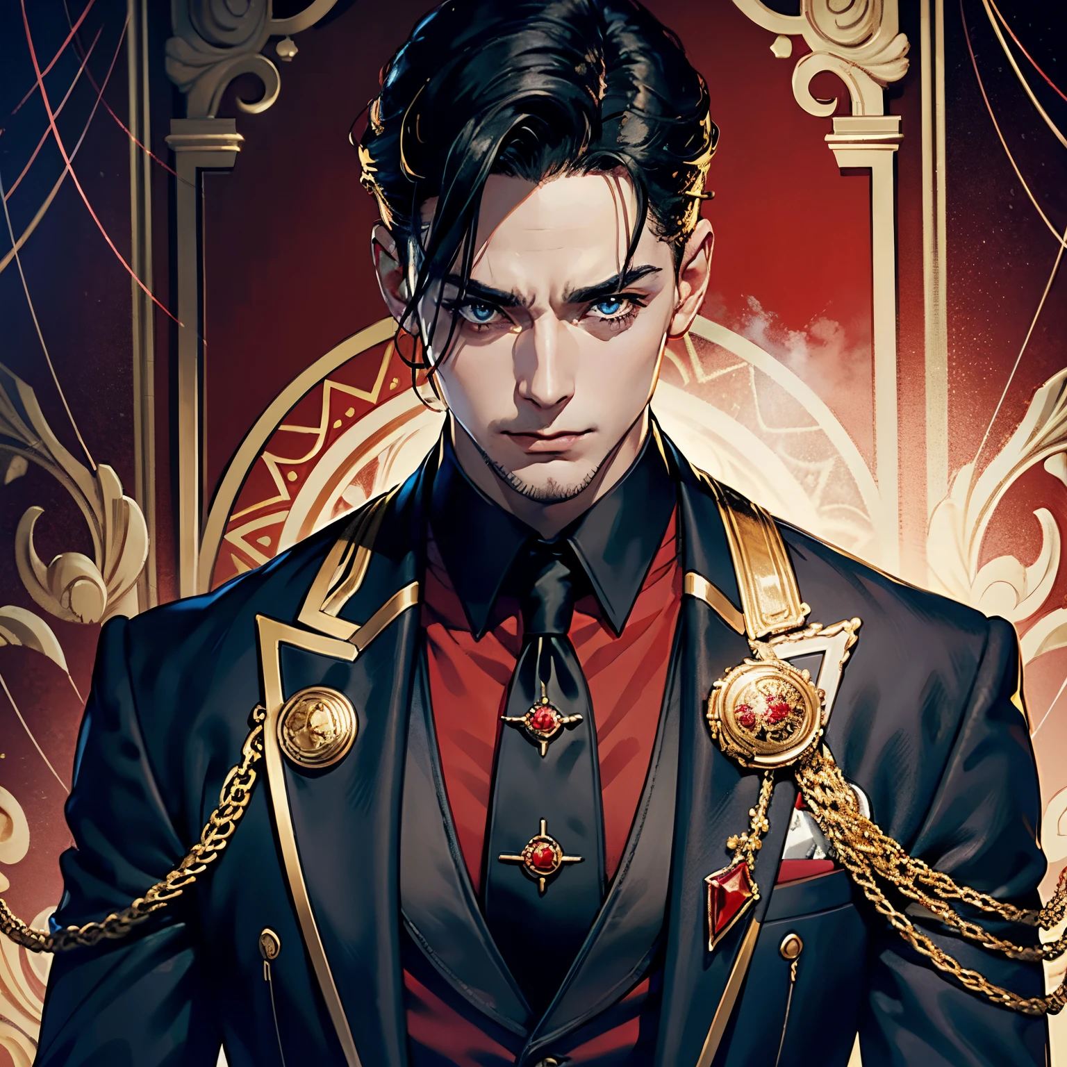 tmasterpiece, Best quality at best, hyper-detailing, CG illustration, Proper shading, Best quality,8K,tmasterpiece,Master illustration,Full-body art,Colorful,1 man,mtu,Skinny,Skinny man,Pointed face,laughing heartily,gold teeth,largeeyes,High forehead,forehead exposed,Red-black hair,red and black hairstyle,dark blue suit,Gold-trimmed suit,buisness suit,Hold the microphone,Bloodthirsty,Stand on a high platform,Condescending