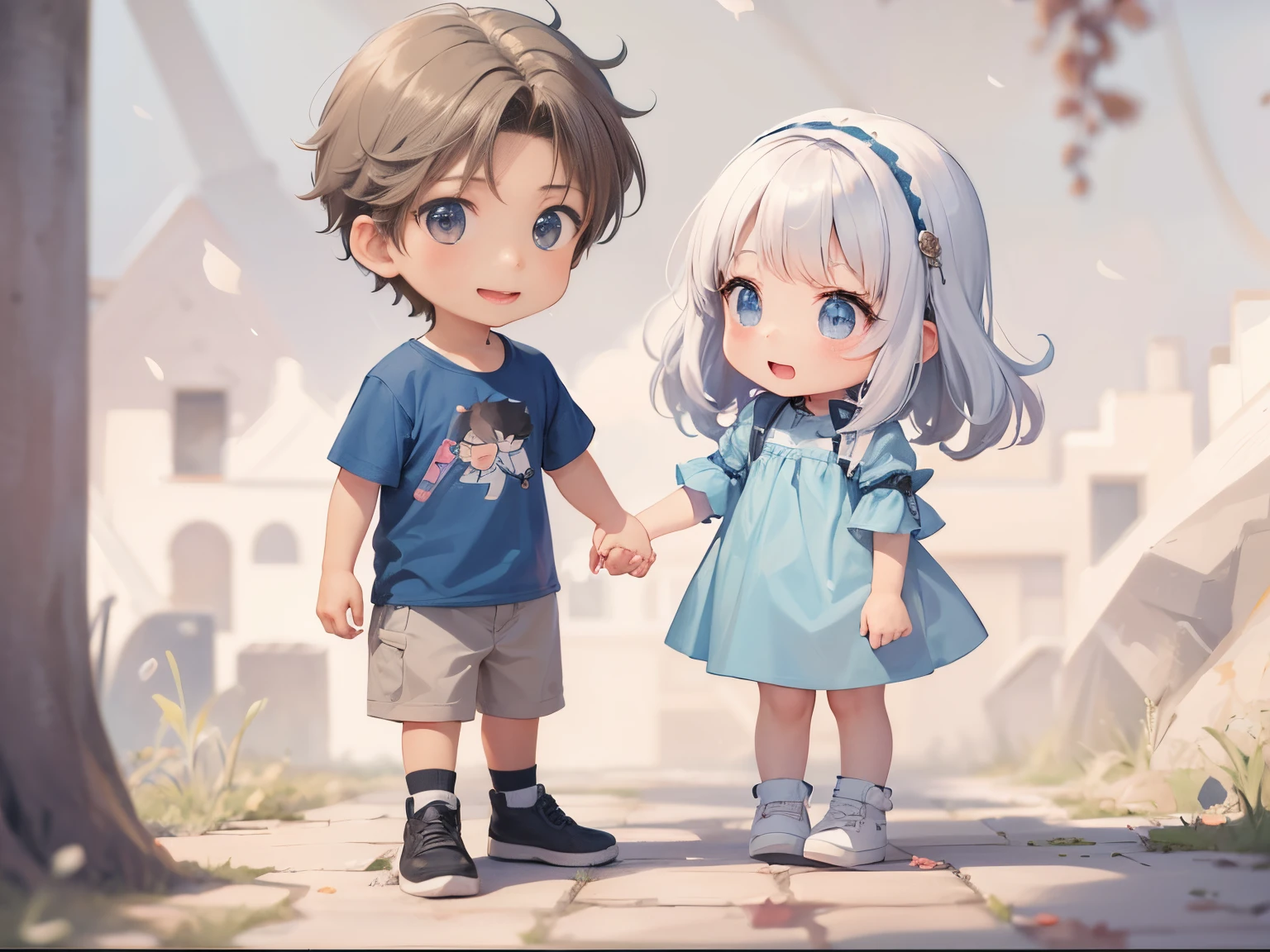 Cute chibi small characters, cute mini boy with cute mini girl, this boy took this girl's hand, best background.