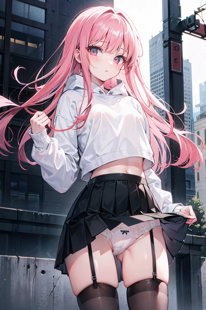 a white sweatshirt,The shirt,black short skirt,Dark black stockings,gentleness,urban backdrop,natta,Long straight pink hair,Lift up your skirt yourself, White under underwear, Cute white panties,spread, Lingerie Camelto