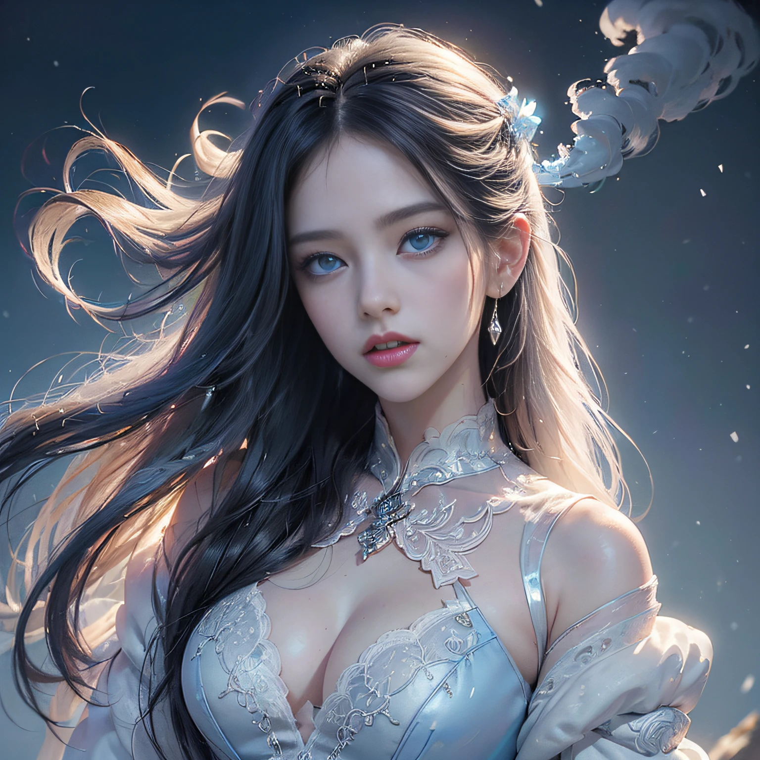 (number々Award-winning masterpieces of, with incredible detail, textures and maximum detail), (Hyper realistic:1.4), (Realistic:1.3), (Full body image:1.7), (Upper Body Up:0.3), (Transparent, Strangely white skin and realistic texture of the highest quality), (five perfect and beautiful fingers:1.8), (Yukionna from Japanese folktales: 1.6), (smile with blood red lips: 1.7), (Fine perfectly symmetrical eyes), (Dense and breathtakingly beautiful face: 1.6), (Image of an aesthetic and decadent atmosphere: 1.6), (fair but beautiful skin and face,,: 1.6), (Beautiful long black hair fluttering in the wind:1.4), (Wearing decadent and delicately crafted accessories: 1.8), (Bioluminescent bright blue eyes: 1.7), (Fallen Beauty: 1.6), (Blue eyes that emit a strong blue light from within:1.7), (The calm white old clothes that cover the whole body are quite damaged., however、Elegant and delicate: 1.8), (Less skin exposure:1.5), (Strong moonlight shining in from overhead: 1.7), ((dramatic photography)), ((Cinematic Light)), (full-length portrait:1.7), (looks up), (Looking down), (dramatic pose), (Smoke effect and bewitching light:1.4), Beautiful white hair, Beautiful silver hair, Beautiful blonde hair, Wind-effect, Swirling snow, blizzard, Winter storms, wind and rain, (Purple smoke in the air: 1.3), (Snowstorm Ice Field, Quiet snowfield on a moonlit night, Midnight Snow Town), (a dark night, Full Moon Night, New Moon Night), Epic Realistic, Faded, ((Neutral colors)), Art Book, (nffsw:1.5), (Muted colors:1.2), Hyper Detailed, (Art Station:1.5), Cinematic, Warm lights, light effect, Dramatic light, (Intricate details:1.1), Complex background, (Greg Rutkowski:0.8), (teal and orange:0.4),