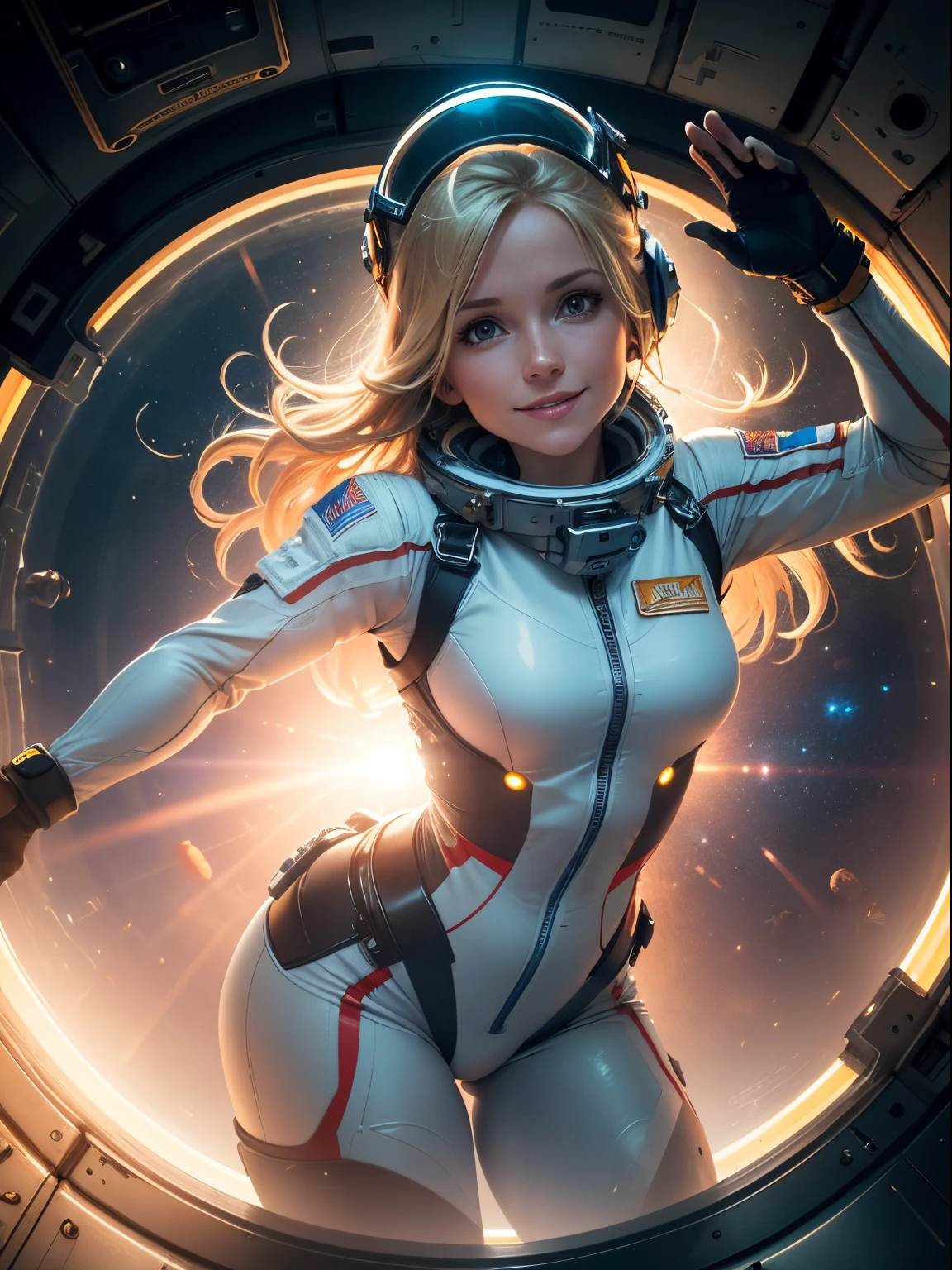 Helen Skelton, floating in zero gravity, smiling, moist skin, full figure, bulky spacesuit, realistic NASA spacesuit and helmet, blonde hair floating, tiny breasts, onboard space station, Earth outside, sunbeam shining in through round viewport, floating spanner, floating screwdrivers, floating bolts, dramatic light, deep shadows