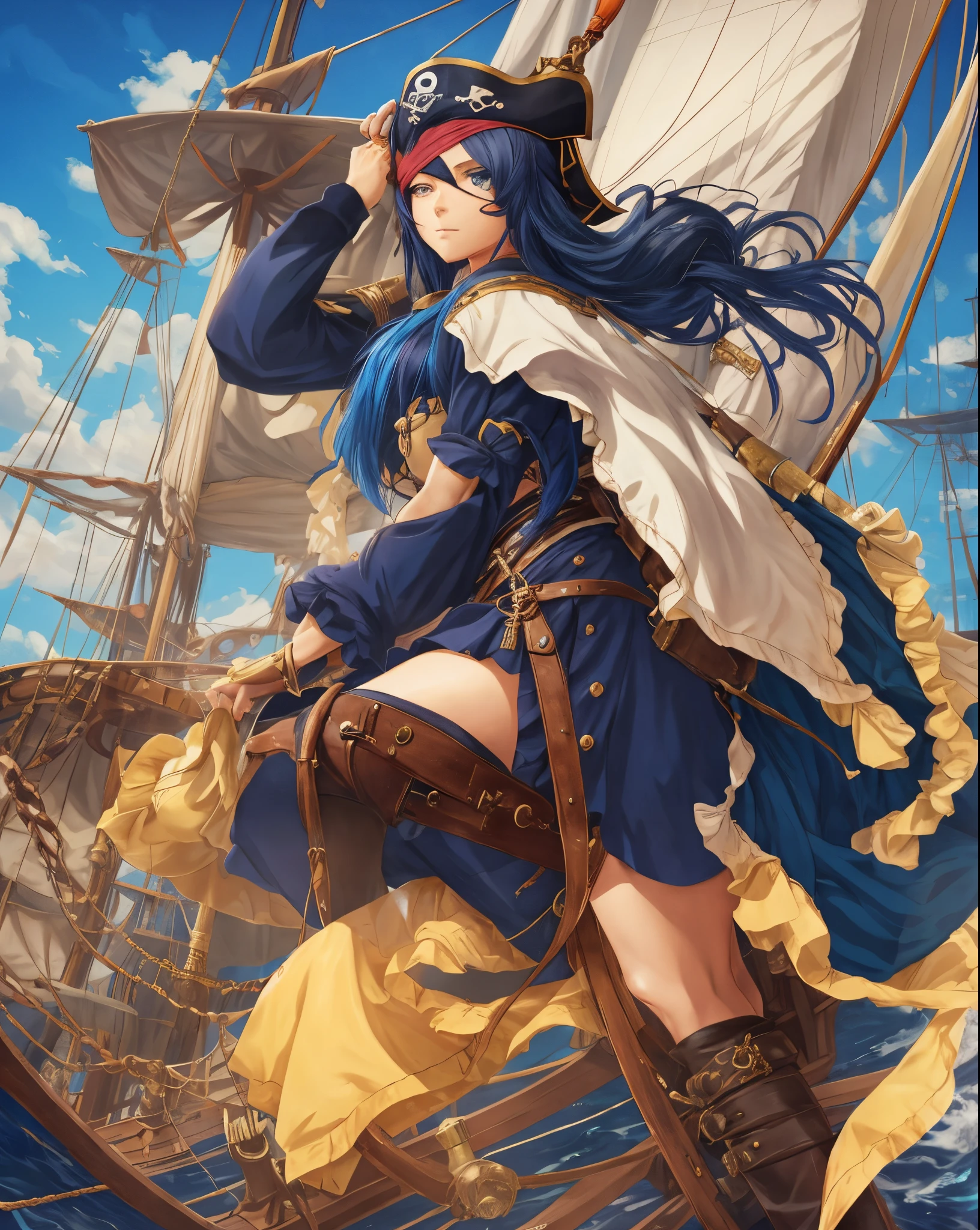 a pirate anime girl with an eye patch and long dark blue hair in pirate attire and with a cat's tail sailing on a pirate ship on the high seas --auto --s2
