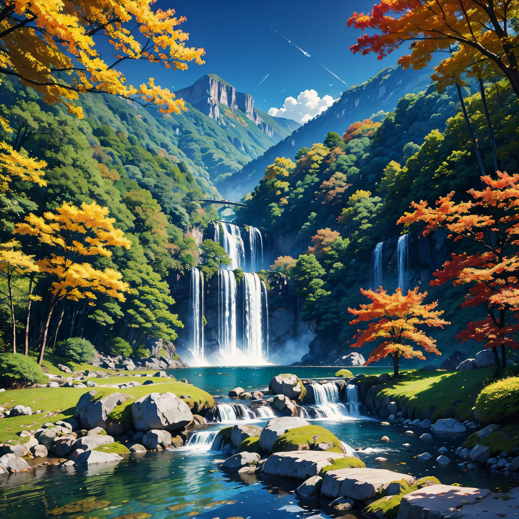 Best Quality、masutepiece、8k、((Colored leaves))、falls、Waterfall Basin、Mountains、Moon Night