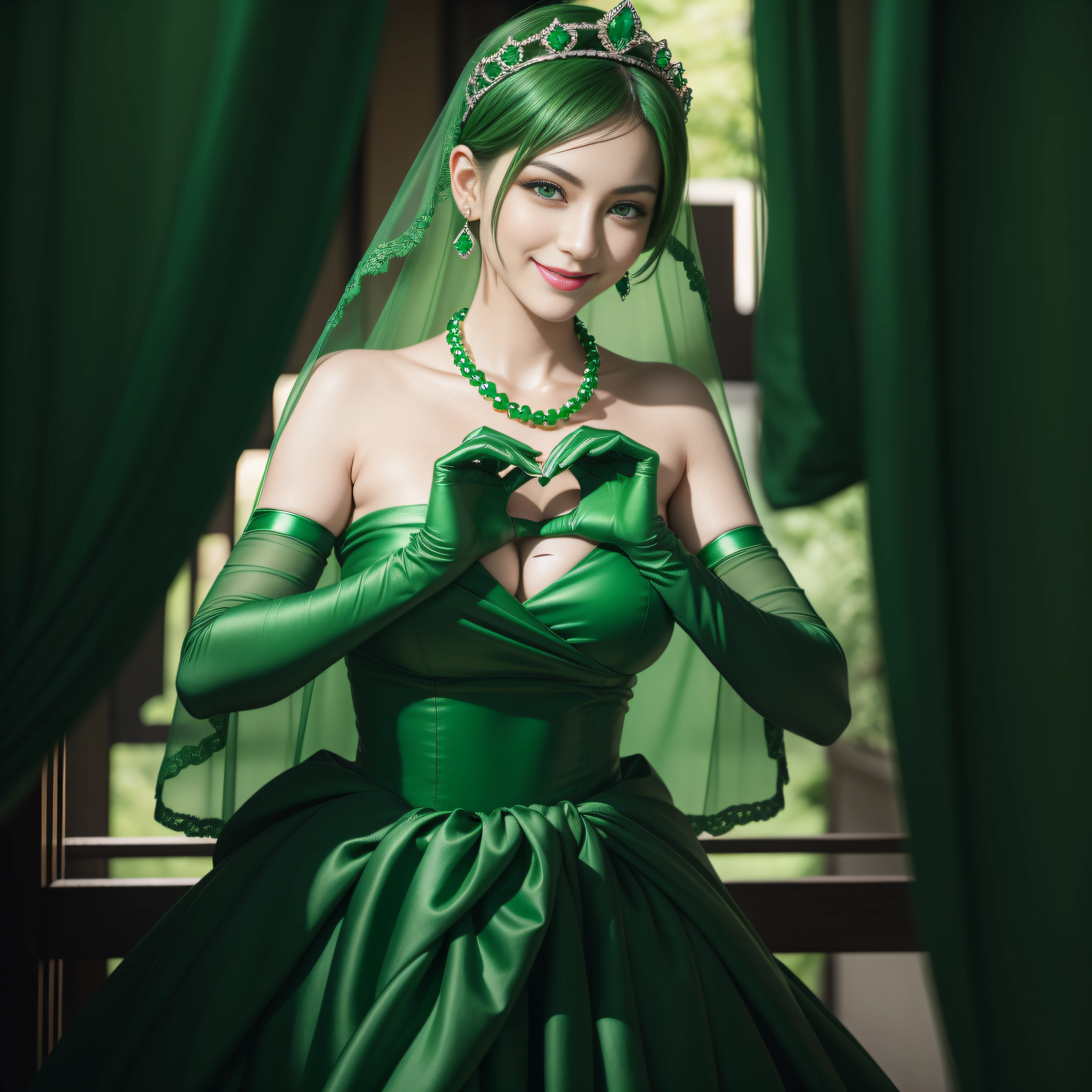 emerald tiara, Green Pearl Necklace, Boyish very short green hair, lipsticks, Japan woman smiling, very short short hair,  big breasts beautiful, Green eyes, Long green gloves made of satin material, Green eyes, Emerald Earrings, green vale, Heart with both hands