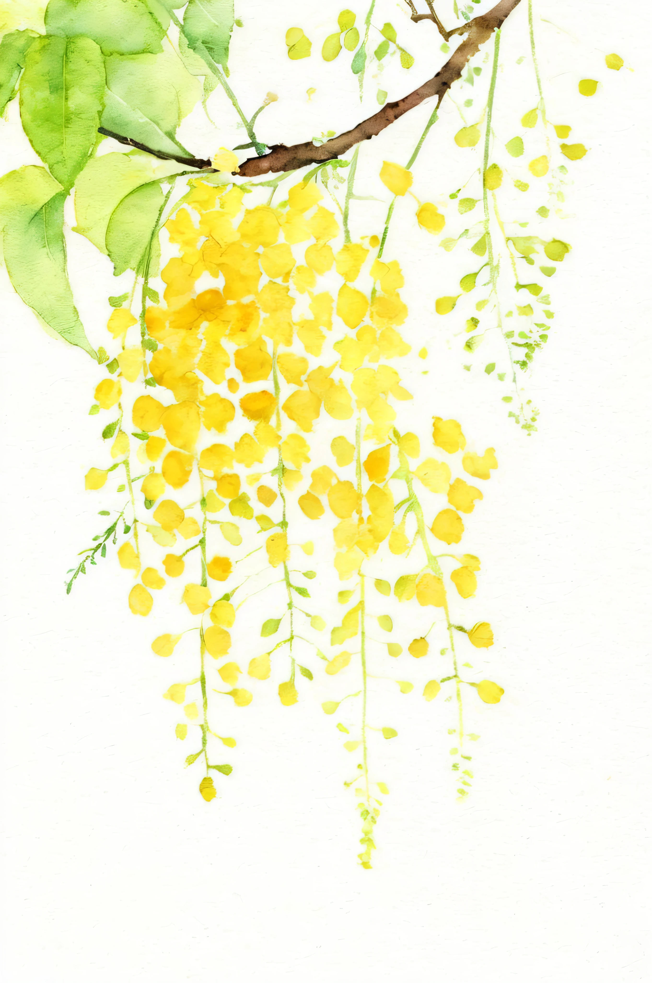 a painting of a yellow flower hanging from a tree branch, botanic watercolors, botanical art, botanical artwork, watercolour, detailed watercolour, botanical illustration, watercolor illustration, watercolour on paper, watercolor painting, by Yuko Tatsushima, watercolor on paper, watercolour painting, by Kathleen Walne, with yellow flowers around it, ( watercolor ), masterful detailed watercolor