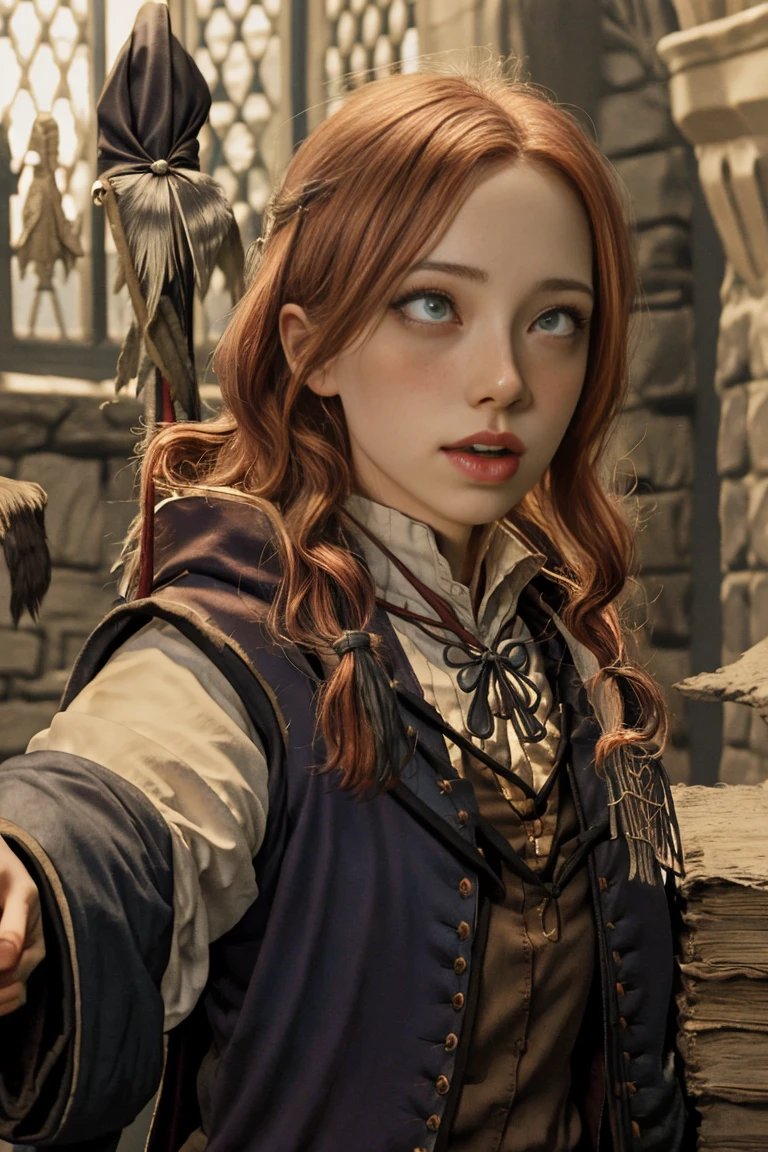 (far wide shot:1.5), 1girl, (solo:1.5), a beautiful picture of Gimmy Weasley, ginwea1, wearing a uniform, masterpiece, photorealistic, detailed, 4k, HDR, backlighting, light, RAW color photo, soft skin, red hair, detailed face, blue eyes, striped scarf, short pleated skirt, black robe, medieval, (gryffindor:1.4), (ahegao:1.5), (ahg1:.5), (rolling eyes :1.5),