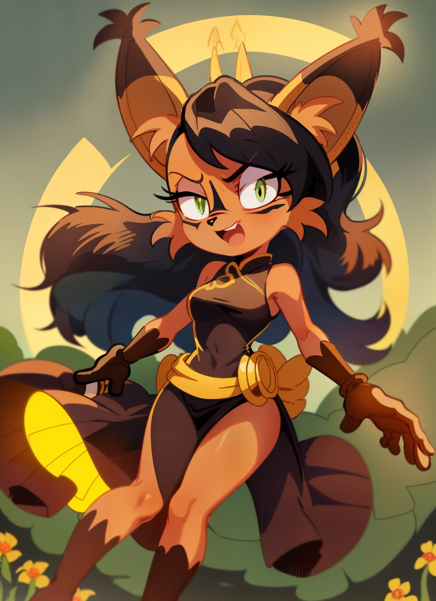 nicolethelynx, (best quality, masterpiece:1), female, Mobian, Lynx, long black hair, yellow eyes, green cheongsam dress, split dress, black tights, black and white gloves, gold cuffs, standing, looking at viewer, open mouth, stoic, tired look, Japanese straw hat, (ancient garden and lake background)